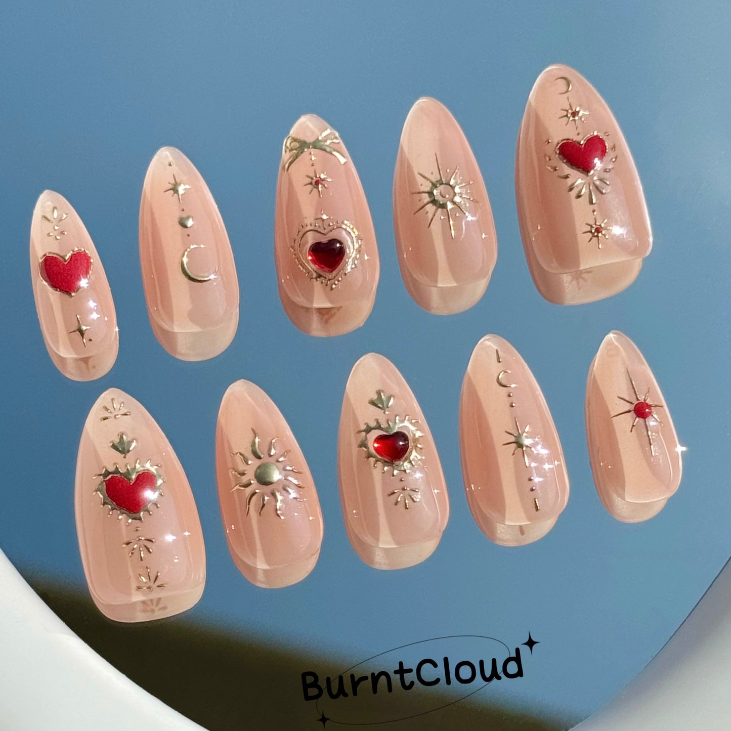 224 "Flame Hearts" Gold Chrome Red Hearts Nude Basic Custom Press on Nail