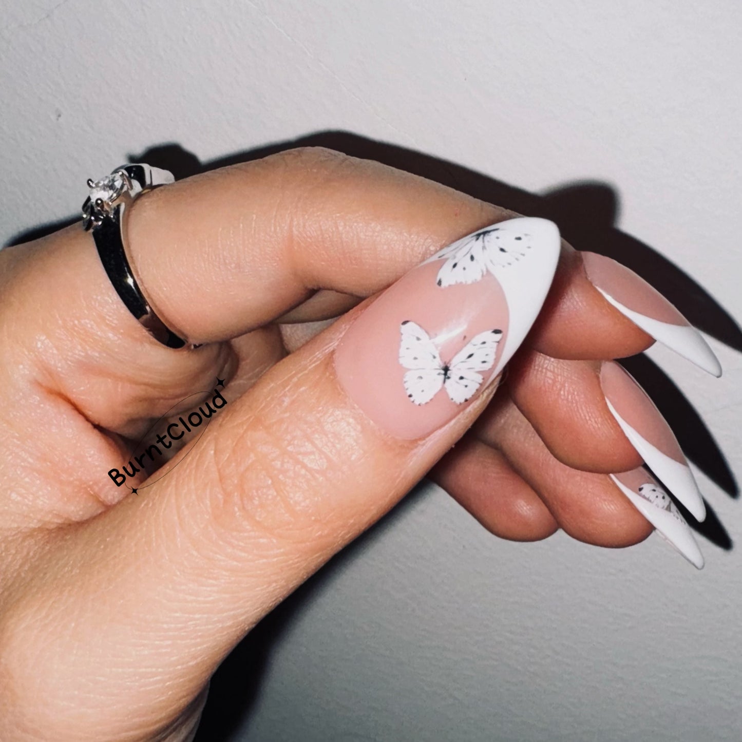 179 "The Butterflies" White French tips Butterfly Elegant Custom Press on Nails