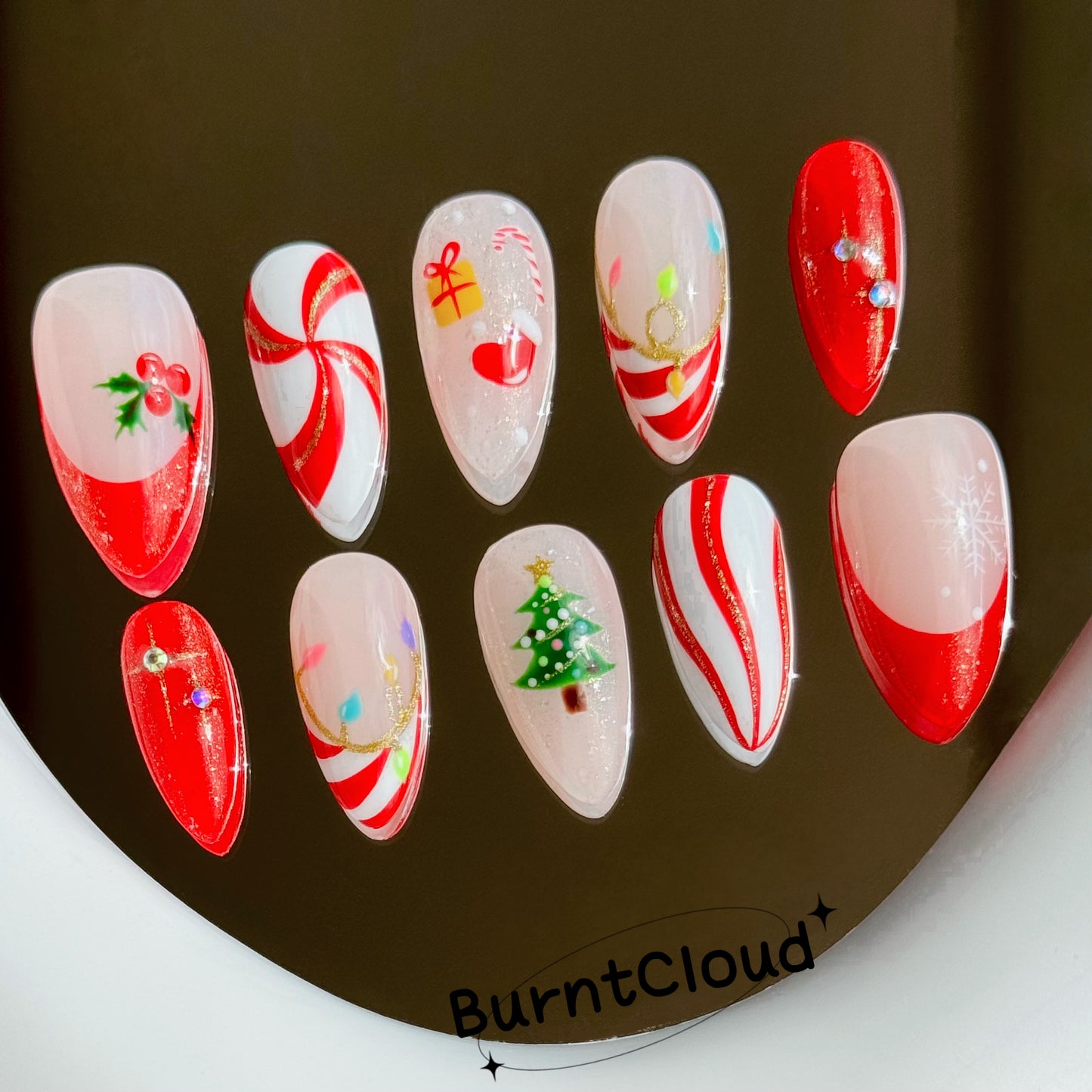 218 "Candy Christmas" Red Swirl French Tips with Gold Glitter Custom Press On Nails