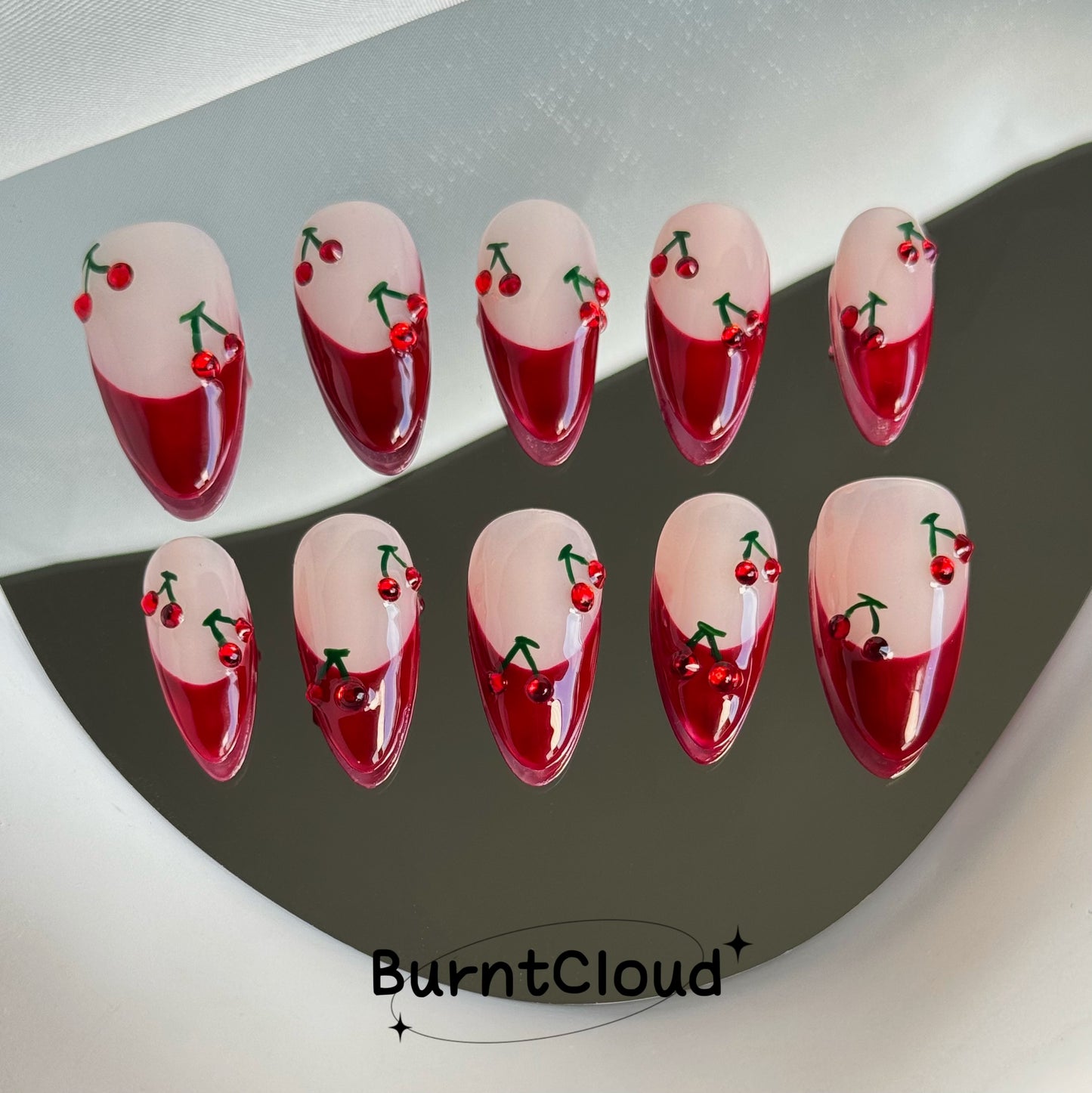 170 "Red Wine Cherries" Burgundy Red Frenchtip Cherry Custom Press on Nails