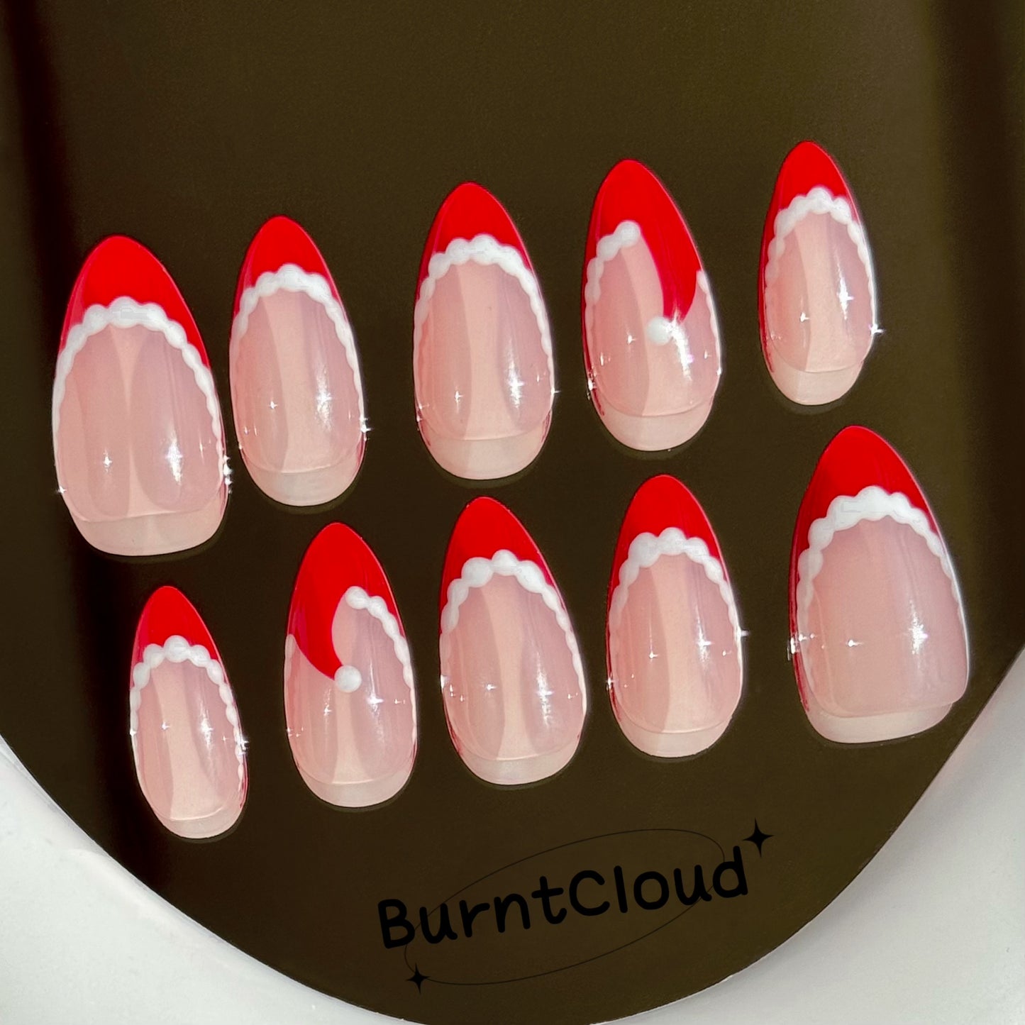 218 "Santa Hat" Red Frenchtips Christmas Hat Christmas Snow Custom Press on Nails