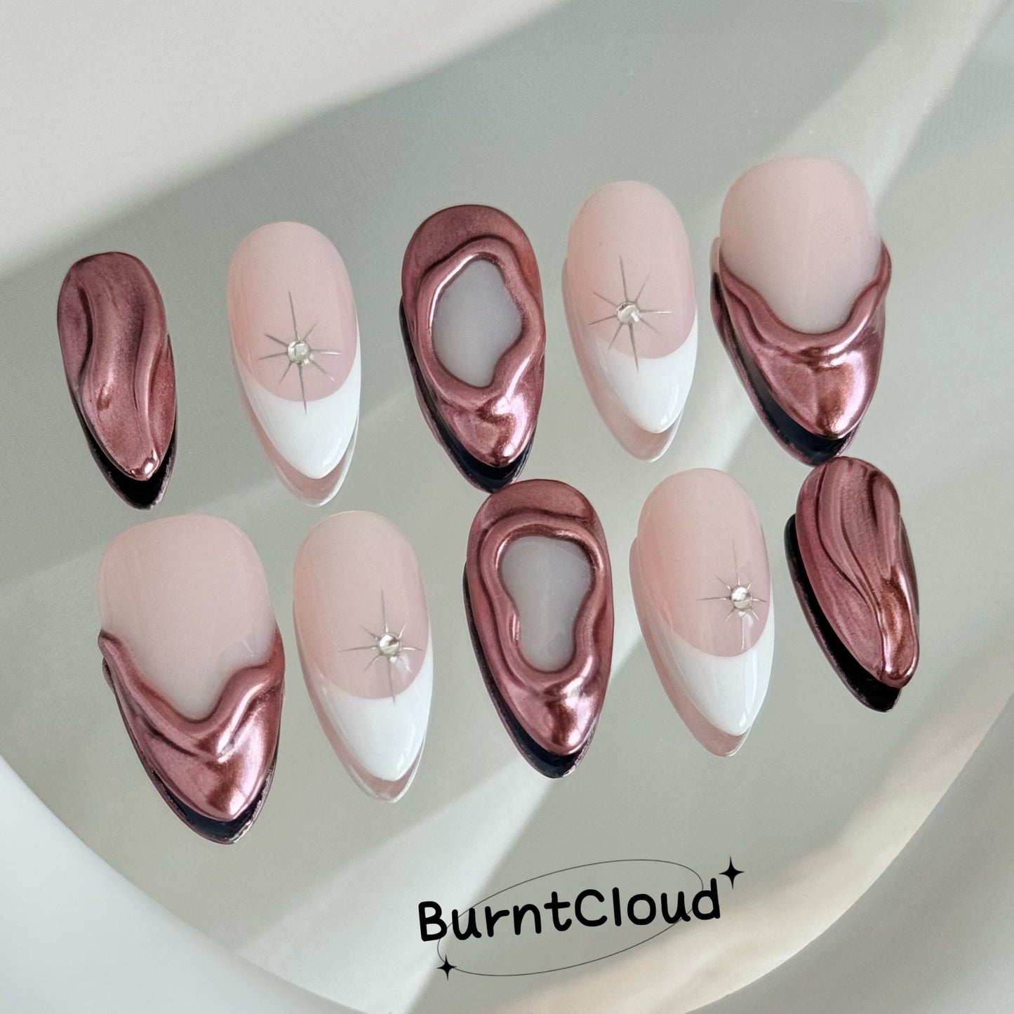 229 "Athena" Rose Pink 3D Chrome White Frenchtips Custom Press on Nails
