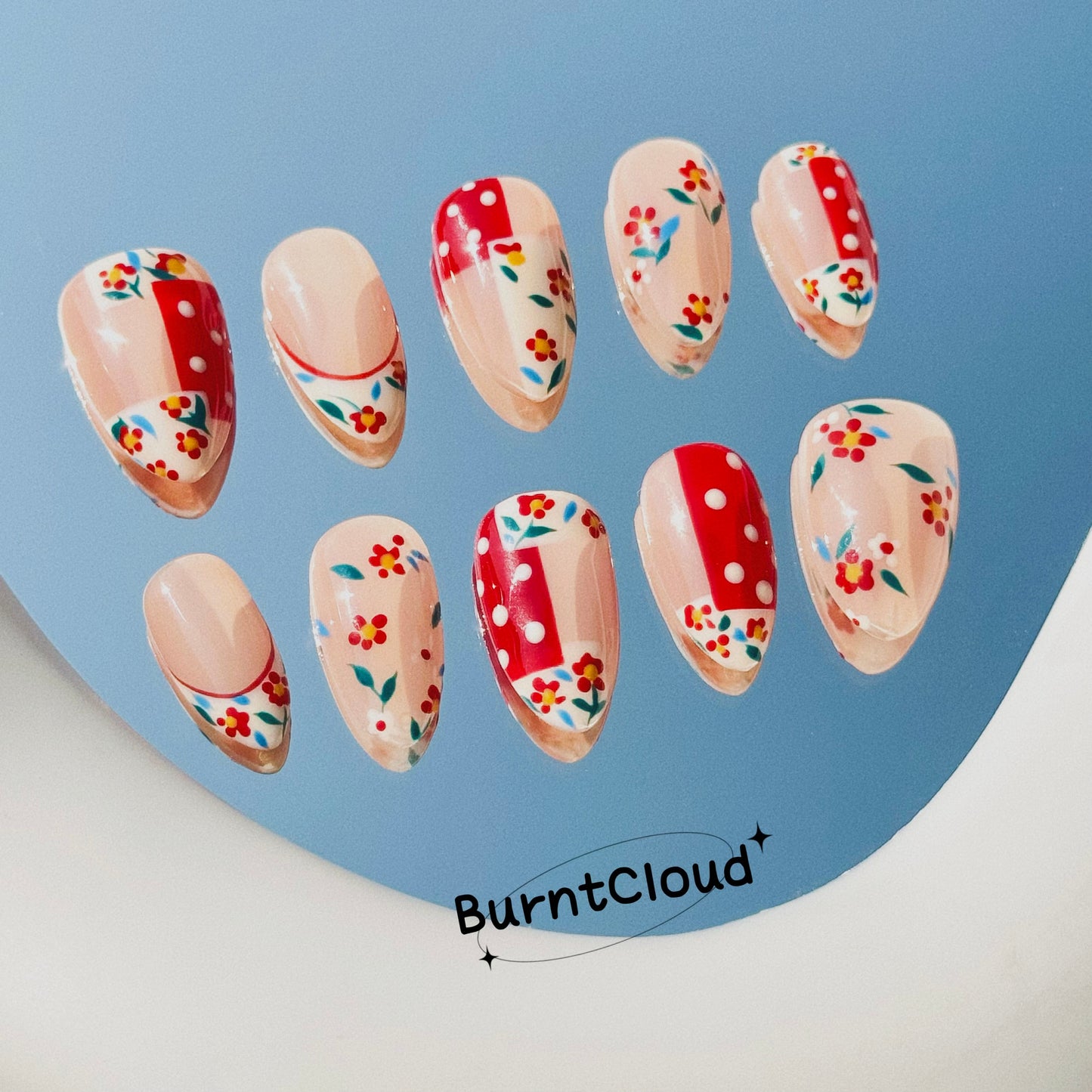 177 "Retro Ditsy" Kawaii Cute Floral Daisy Frenchtips Red Nude Custom Press on Nail