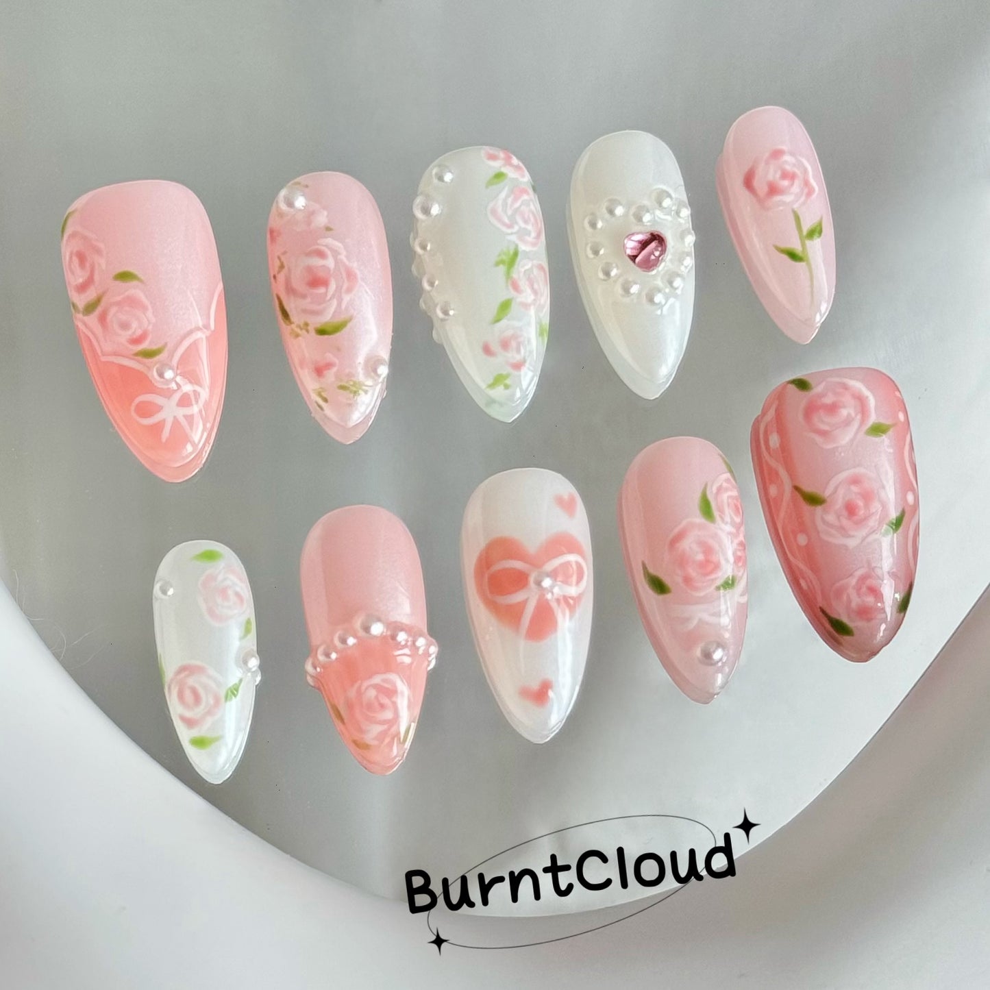 189 "Pink Roses" Cute Kawaii Roses Flowers Pearls Chrome Custom Press on Nails