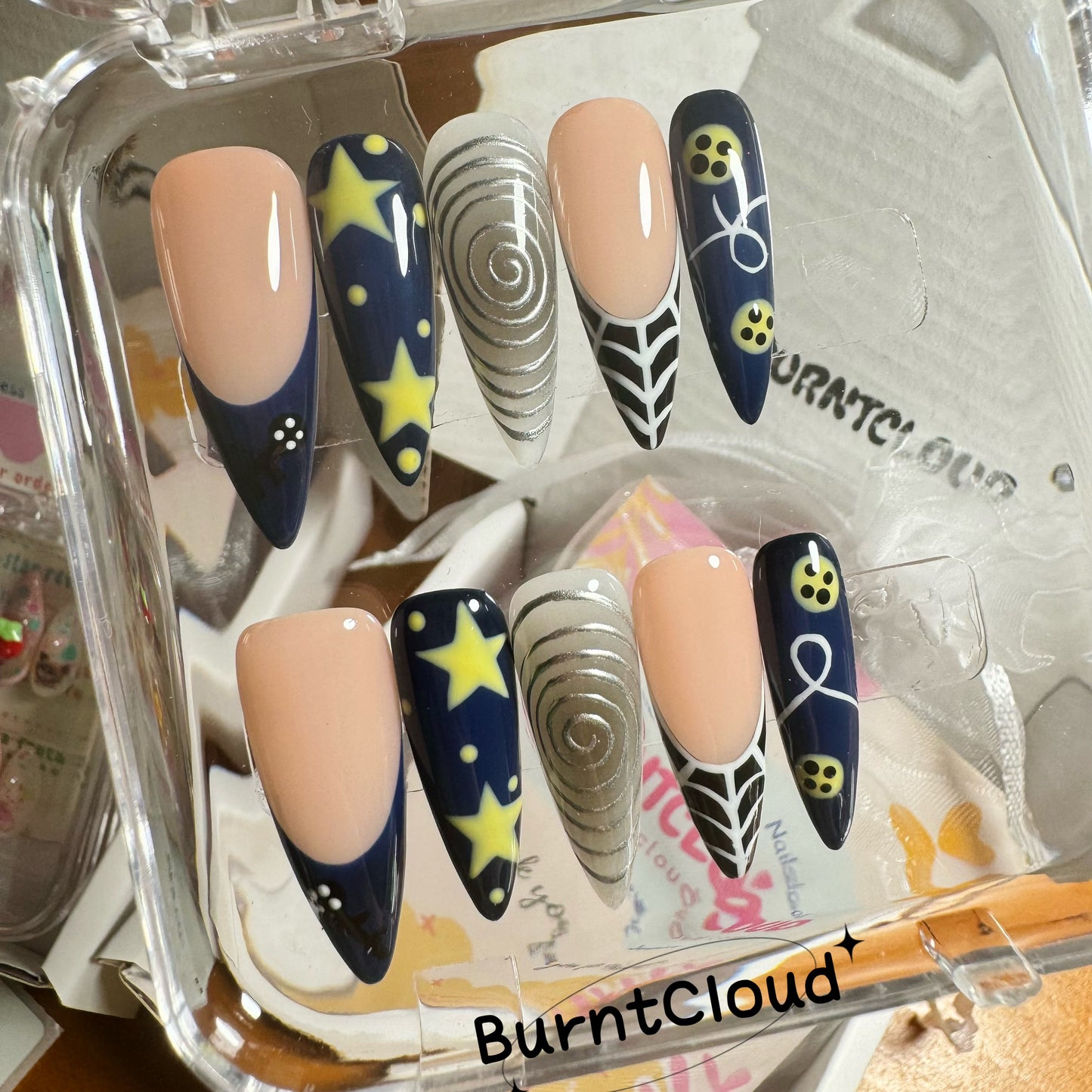 203 "Dizzy Night" Deep Blue frenchtips Sliver Swirl Stars Custom Press on Nails