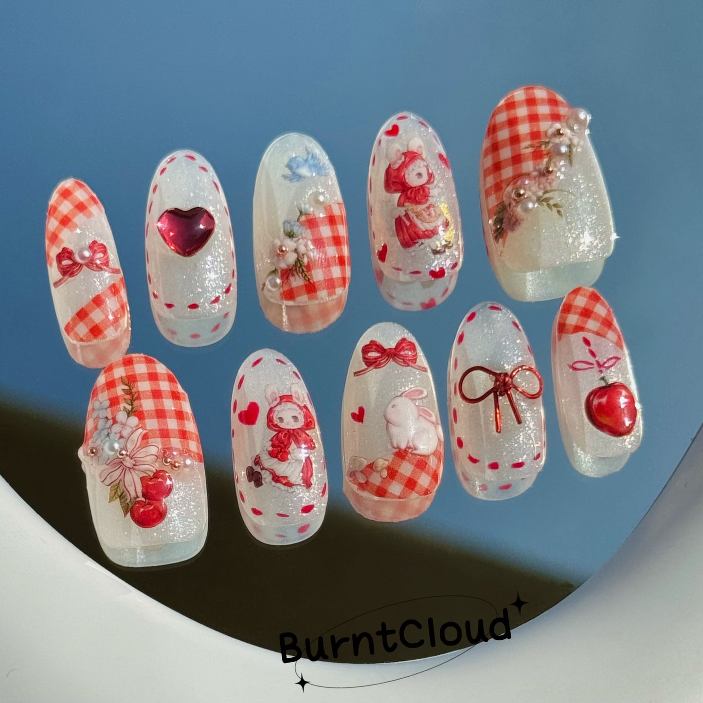 223 "Fairy Tale Forest" Kawaii Cute Rabbit Strawberry Custom Press on Nails