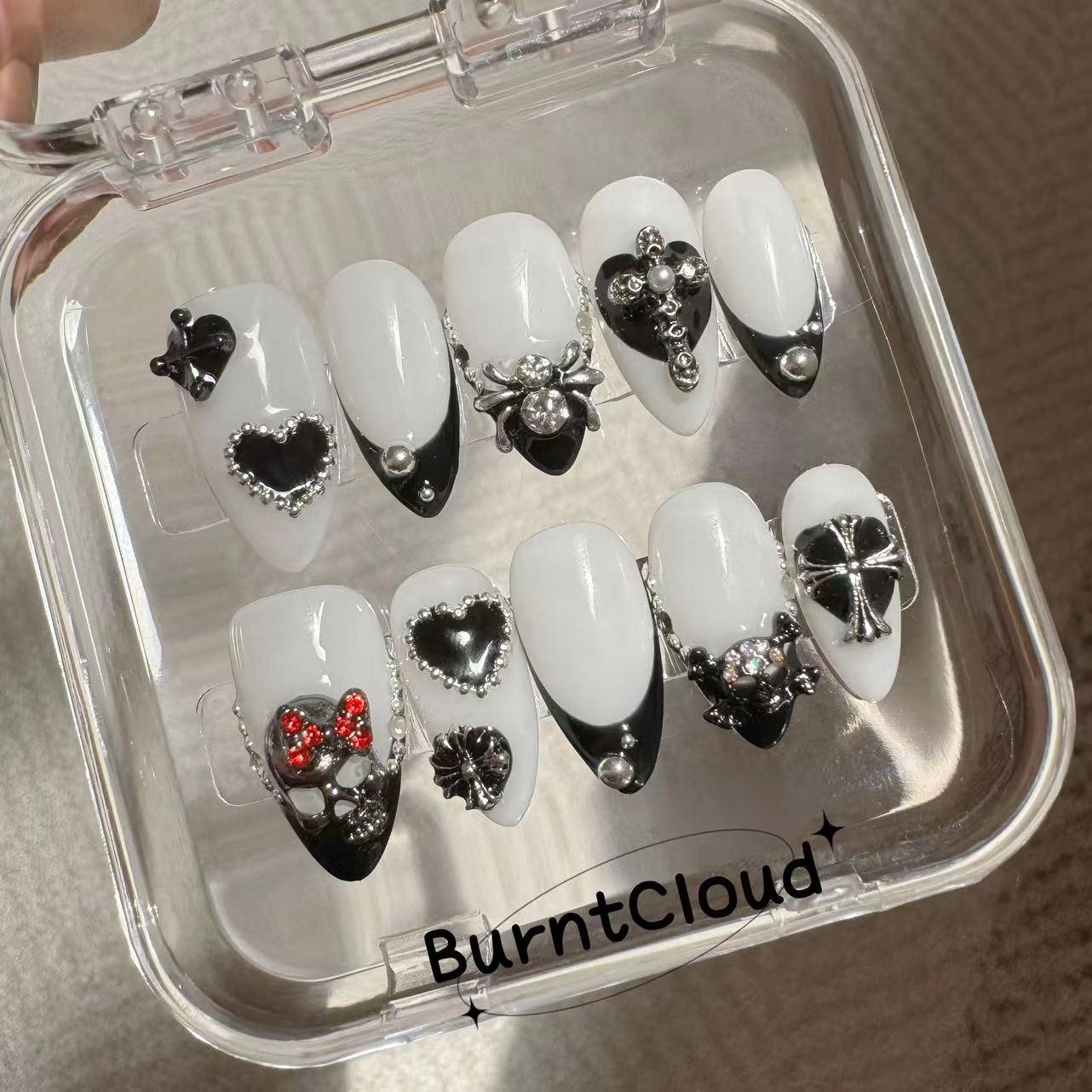 193 "Dark Hearts" Dark Skull and Spider Black Frenchtips Cool Custom Press on Nails