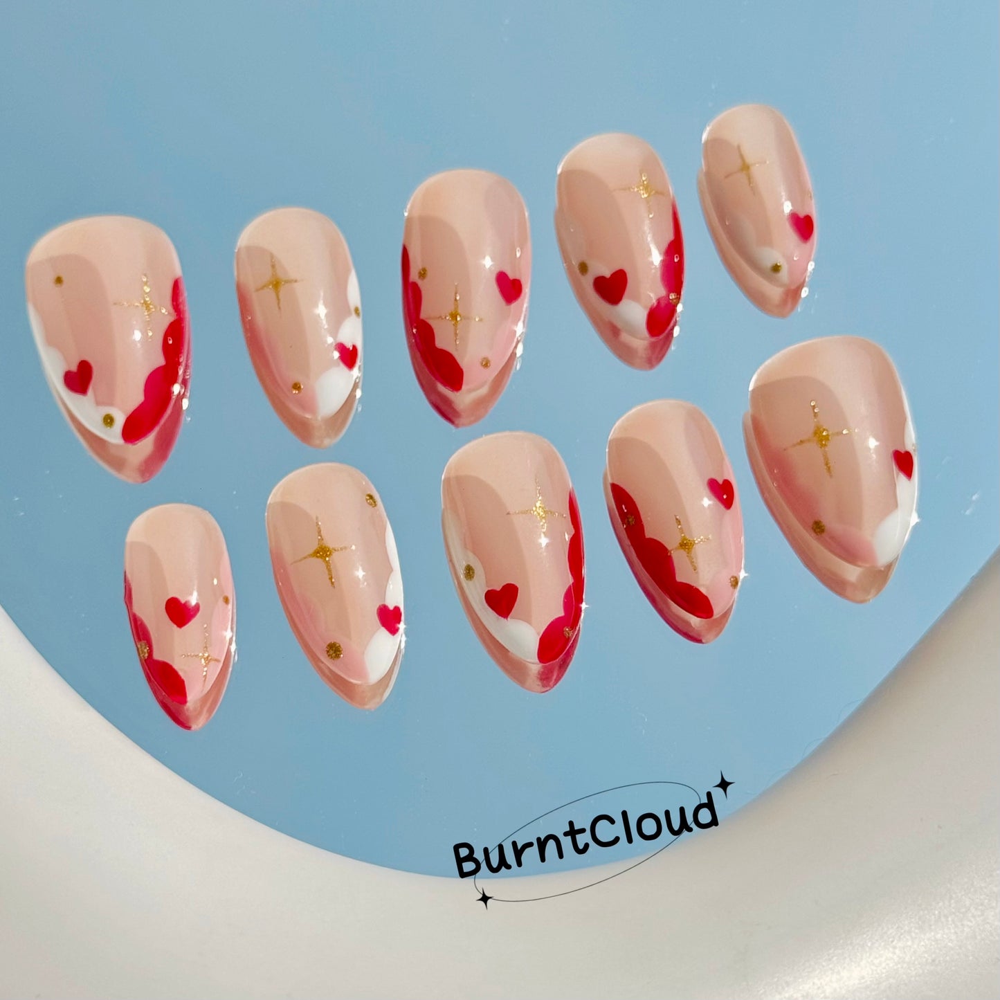 178 Love Story Kawaii Cute Red Hearts Golden Stars Nude Custom Press on Nails