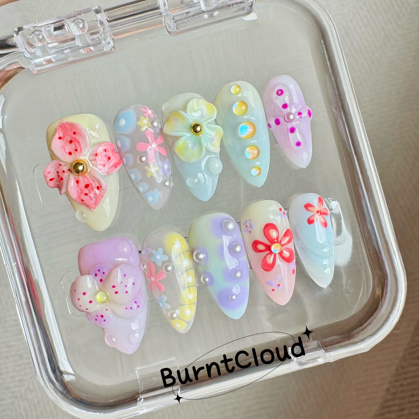 192 "Garden After the Rain" Colorful 3D Flowers Floral Orchid Custom Press on Nails