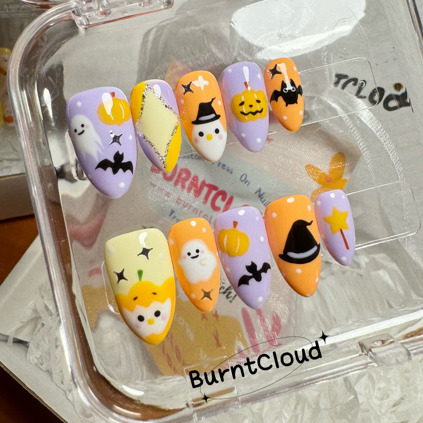 205"Colorful Halloween" Cute Halloween Pink Ghost & Pumpkin Custom Press on Nails