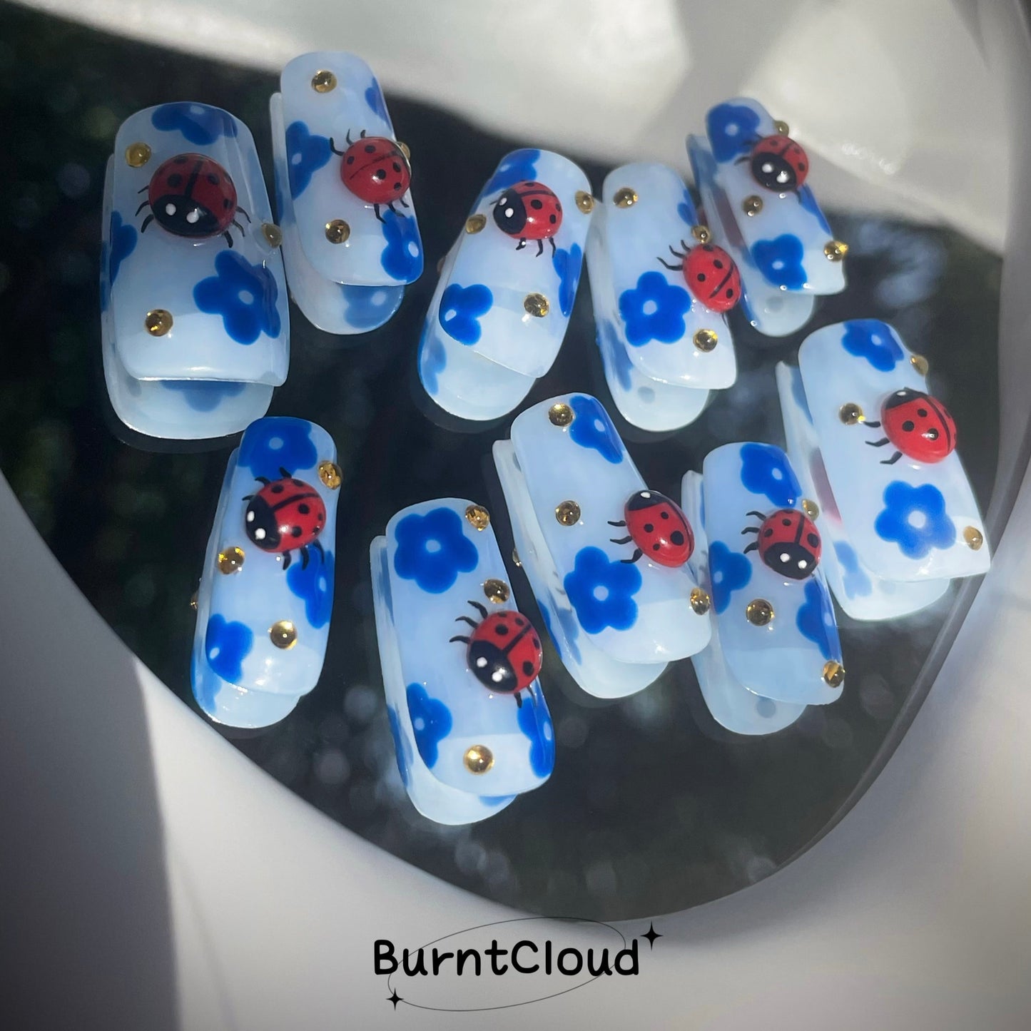 "My Ladybugs" 3D Cute Ladybug Blue Flower Nails | 70 Custom Handpainted Press on Nails