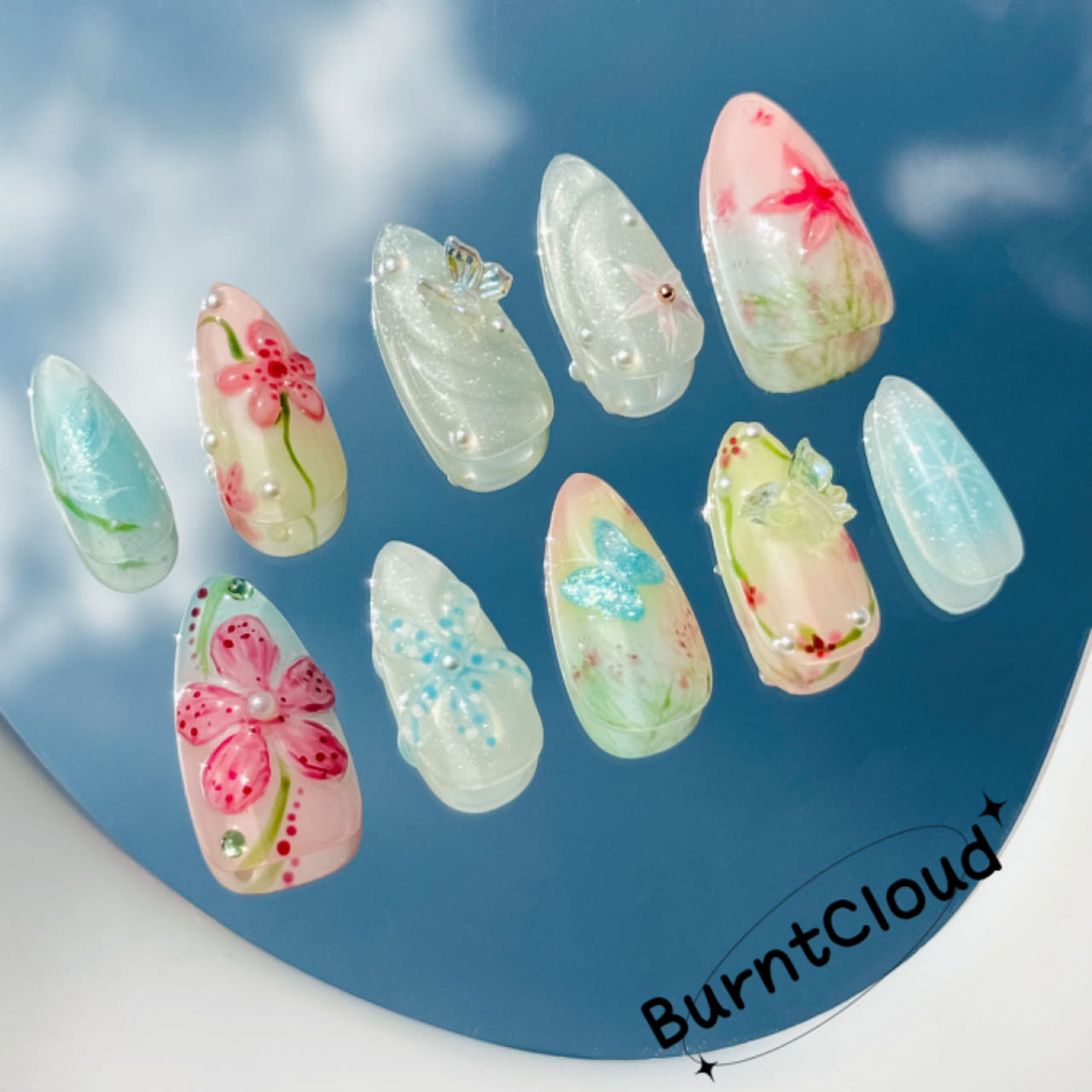 184 "Blossoms Abound" Pink 3D Flowers Floral Butterfly Glitter Custom Press on Nails