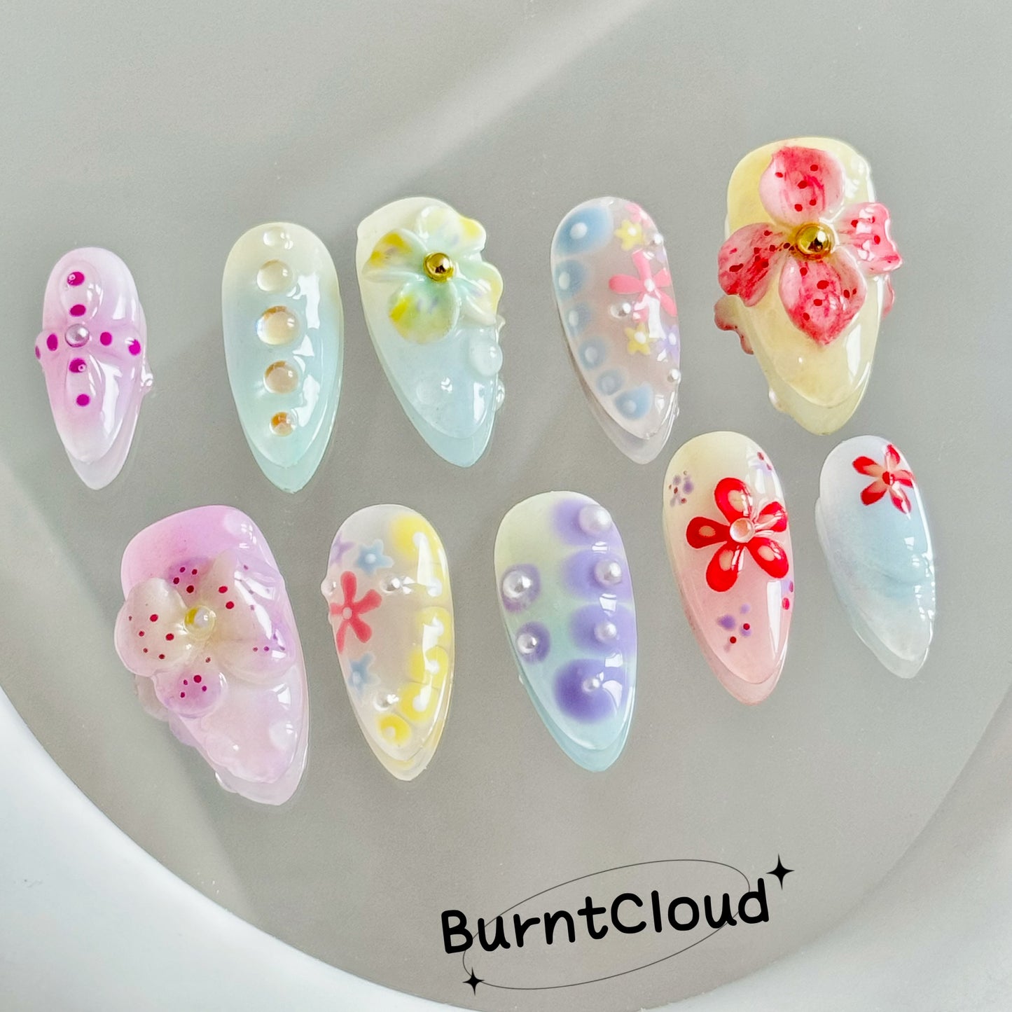 192 "Garden After the Rain" Colorful 3D Flowers Floral Orchid Custom Press on Nails