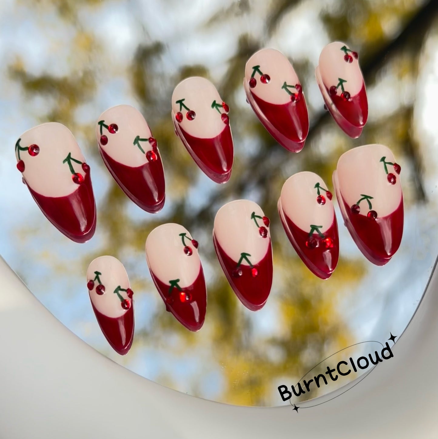 170 "Red Wine Cherries" Burgundy Red Frenchtip Cherry Custom Press on Nails