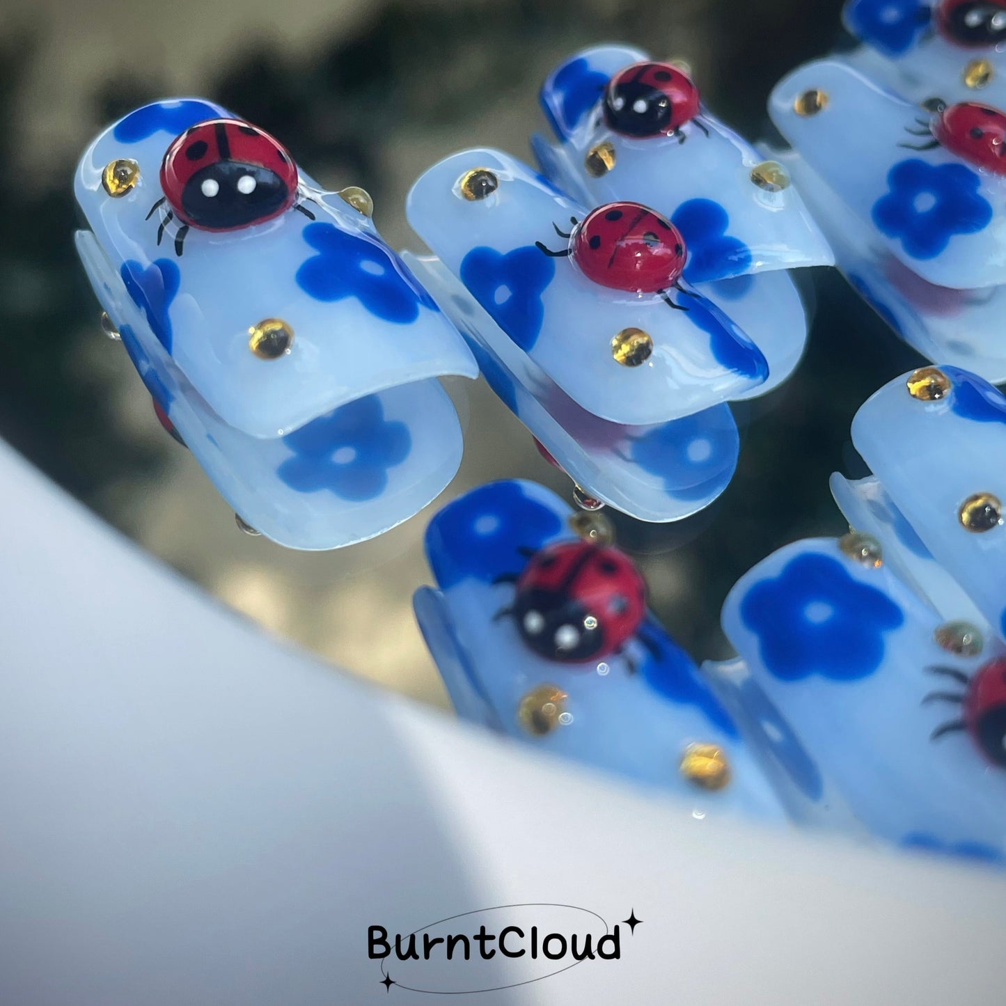 "My Ladybugs" 3D Cute Ladybug Blue Flower Nails | 70 Custom Handpainted Press on Nails