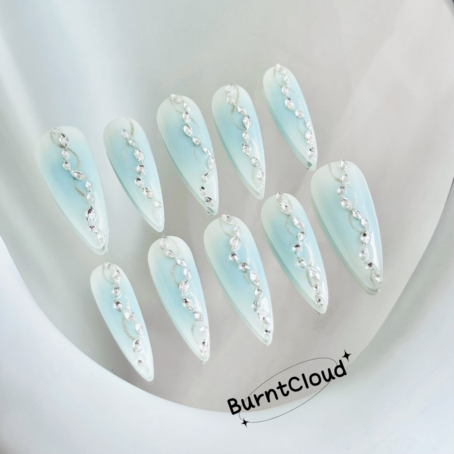 180 "Super Shiny" Baby Blue Ombre Diamond Glitter White Custom Press on Nails