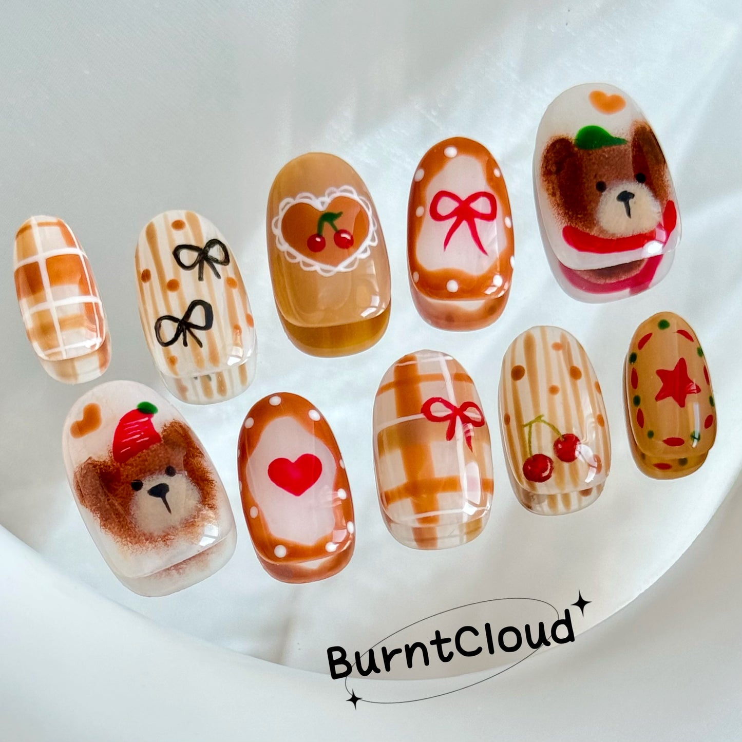 231 "Cuddly Bears" Cute Brown Plaid Custom Press on Nails