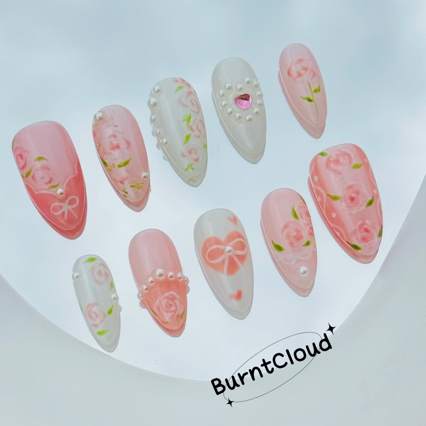 189 "Pink Roses" Cute Kawaii Roses Flowers Pearls Chrome Custom Press on Nails