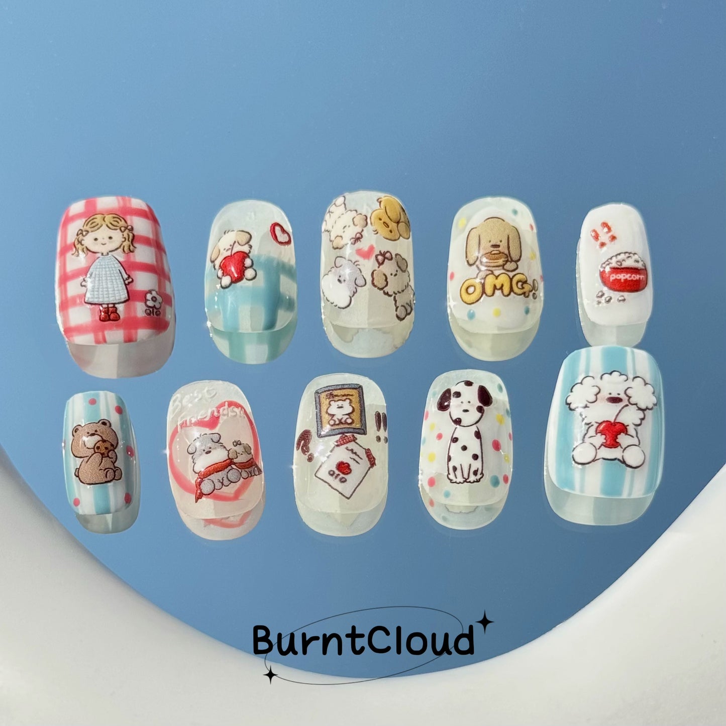 182 "Best Friends" Cute Kawaii Bule and Pink Dogs Puppies Bears Custom Press on Nails