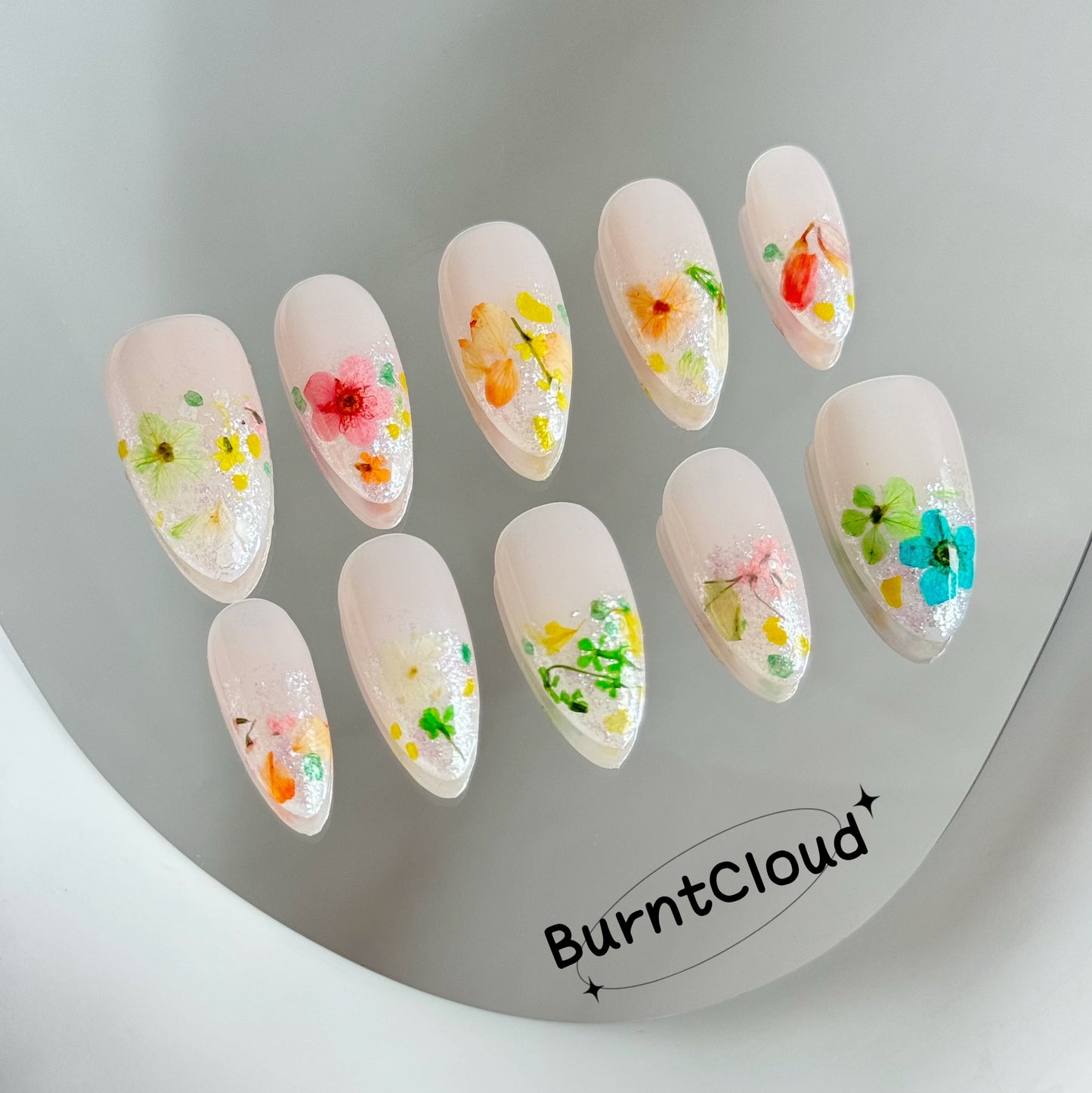 190 "In Bloom" Colorful Dry Flower Glitter Nude Custom Press on Nails