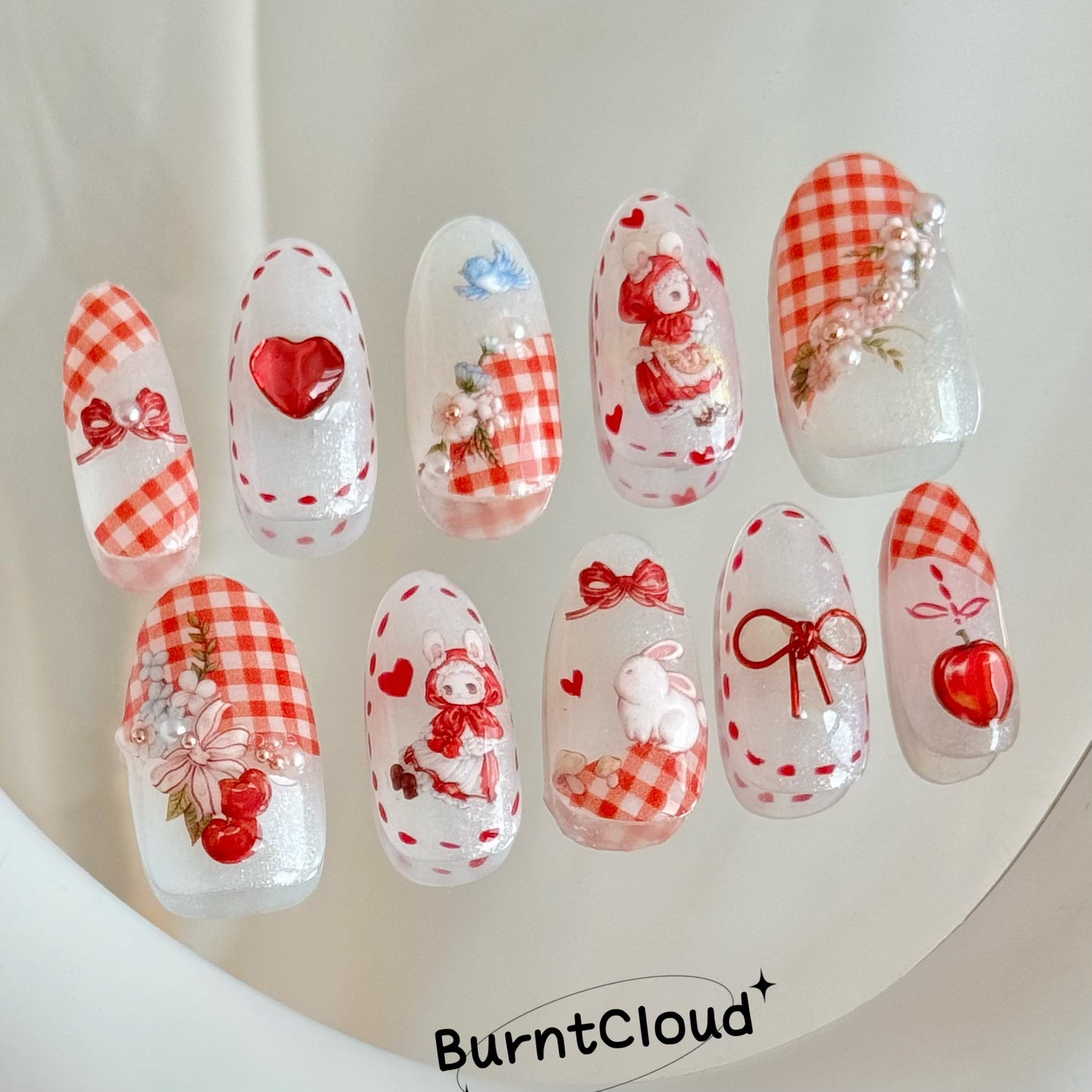 223 "Fairy Tale Forest" Kawaii Cute Rabbit Strawberry Custom Press on Nails