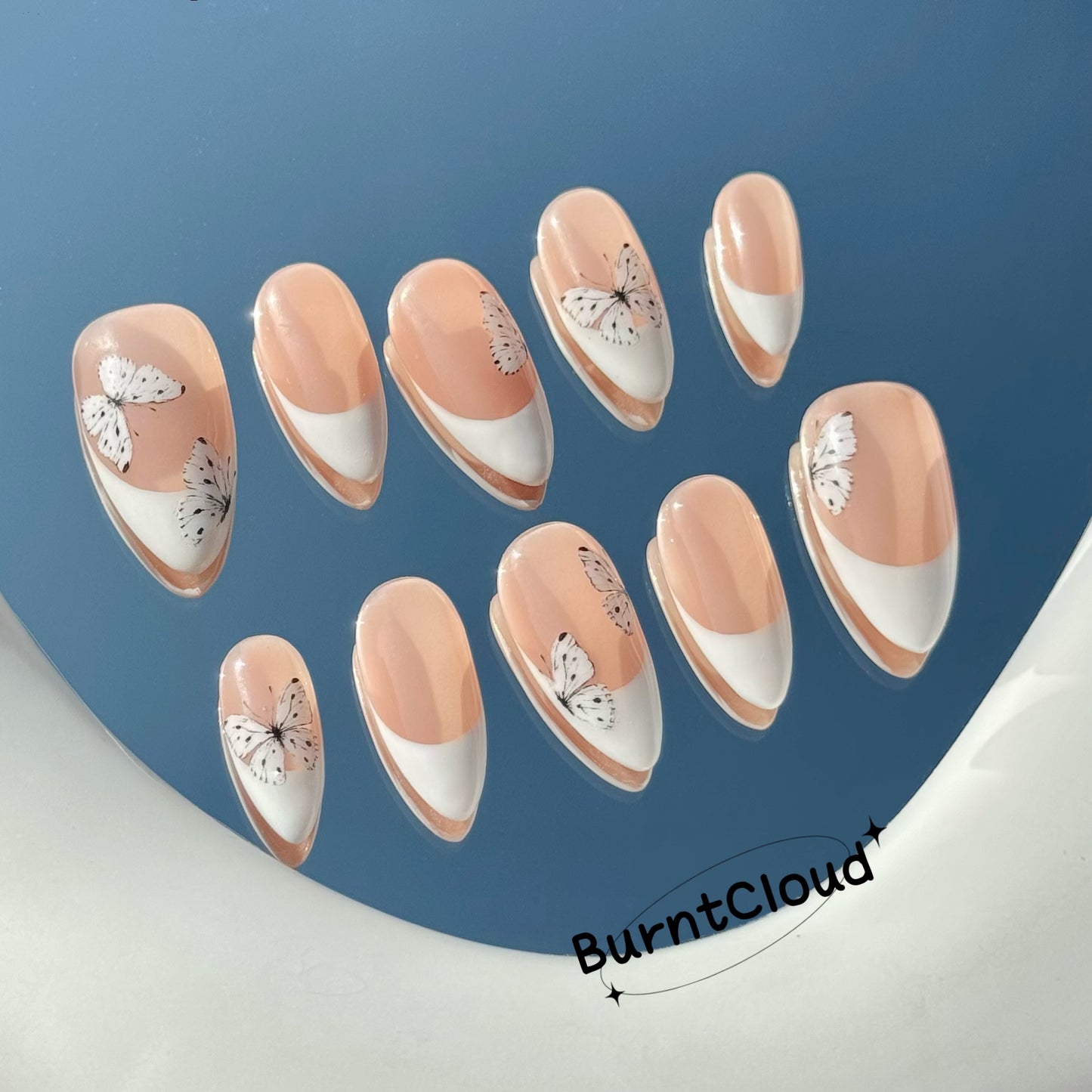 179 "The Butterflies" White French tips Butterfly Elegant Custom Press on Nails