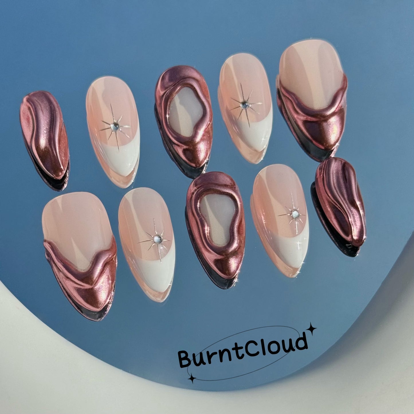 229 "Athena" Rose Pink 3D Chrome White Frenchtips Custom Press on Nails