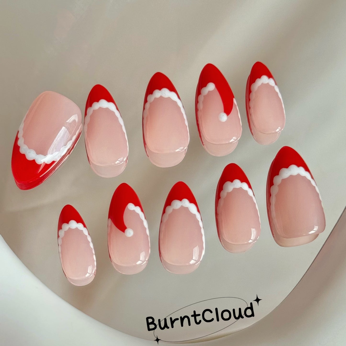218 "Santa Hat" Red Frenchtips Christmas Hat Christmas Snow Custom Press on Nails