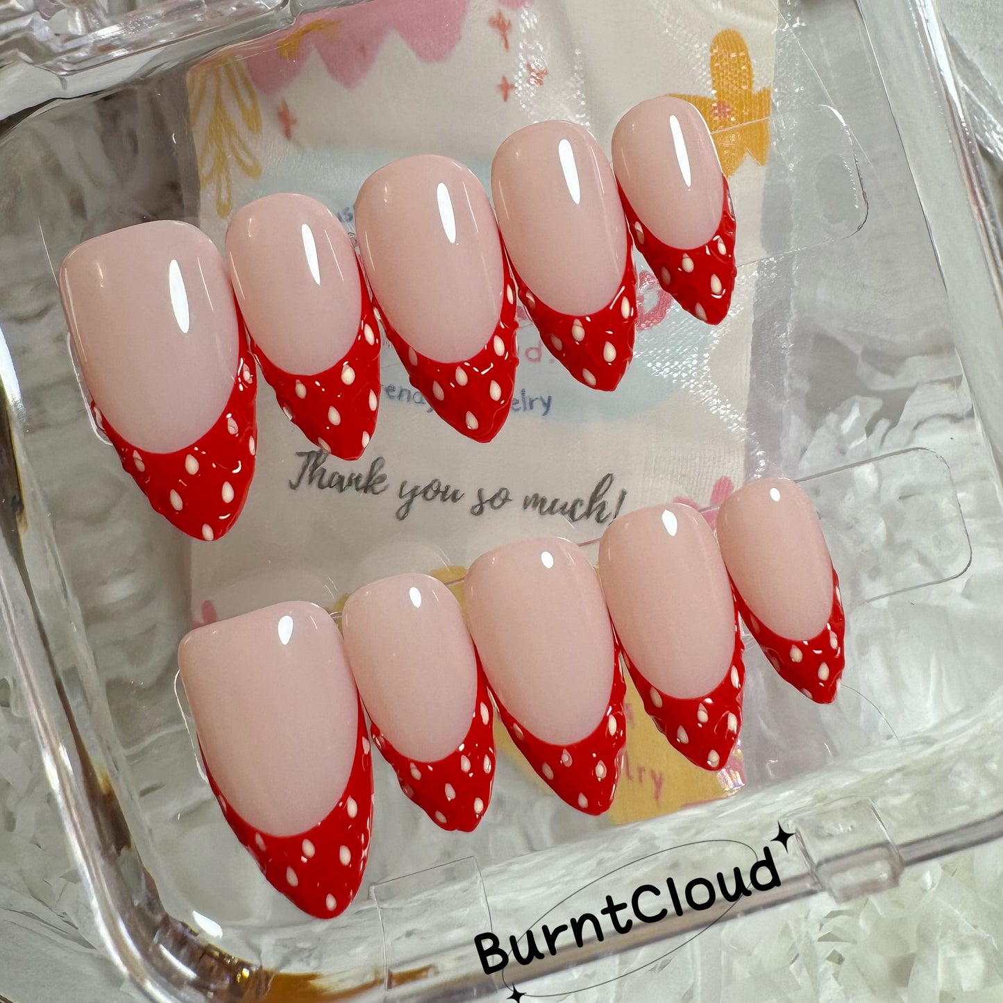 221 "The Red Strawberry" Cute 3D Strawberry Frenchtips Custom Press on Nails