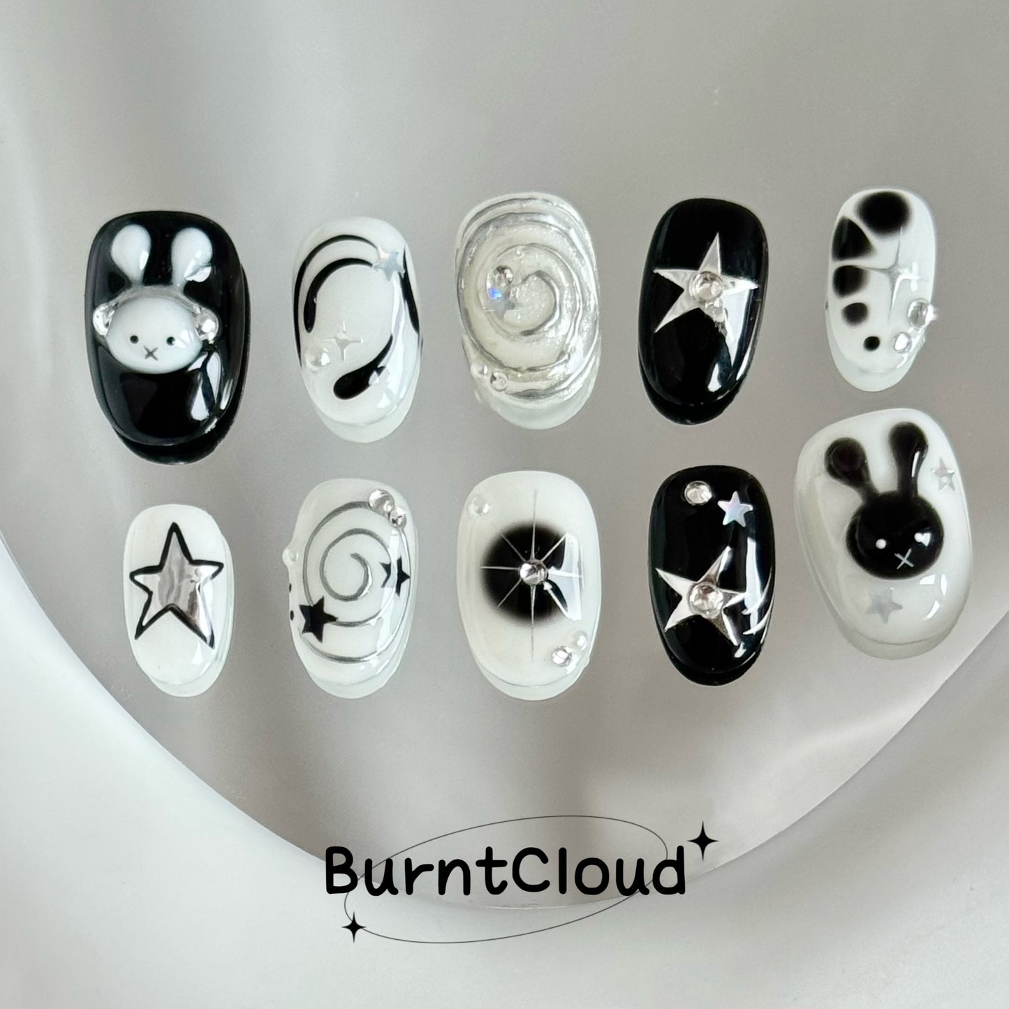 208 "Audio Bunny" Cute Black Rabbit with headphone 3D Custom Press on Nails