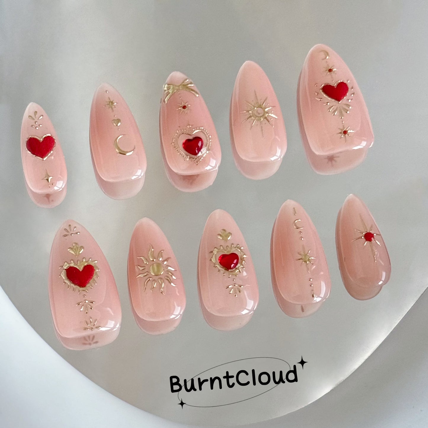 224 "Flame Hearts" Gold Chrome Red Hearts Nude Basic Custom Press on Nail