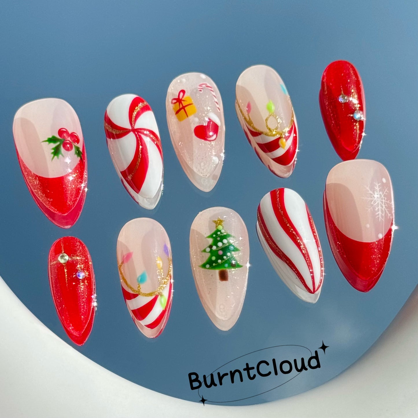 218 "Candy Christmas" Red Swirl French Tips with Gold Glitter Custom Press On Nails