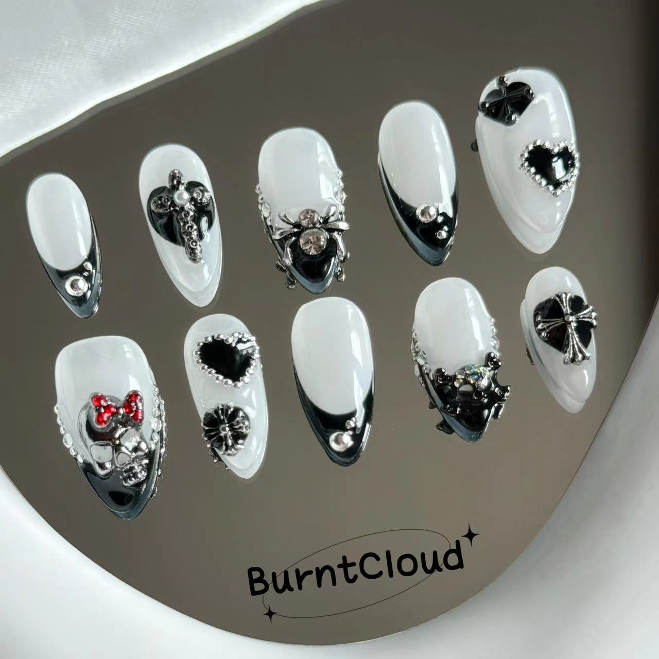 193 "Dark Hearts" Dark Skull and Spider Black Frenchtips Cool Custom Press on Nails