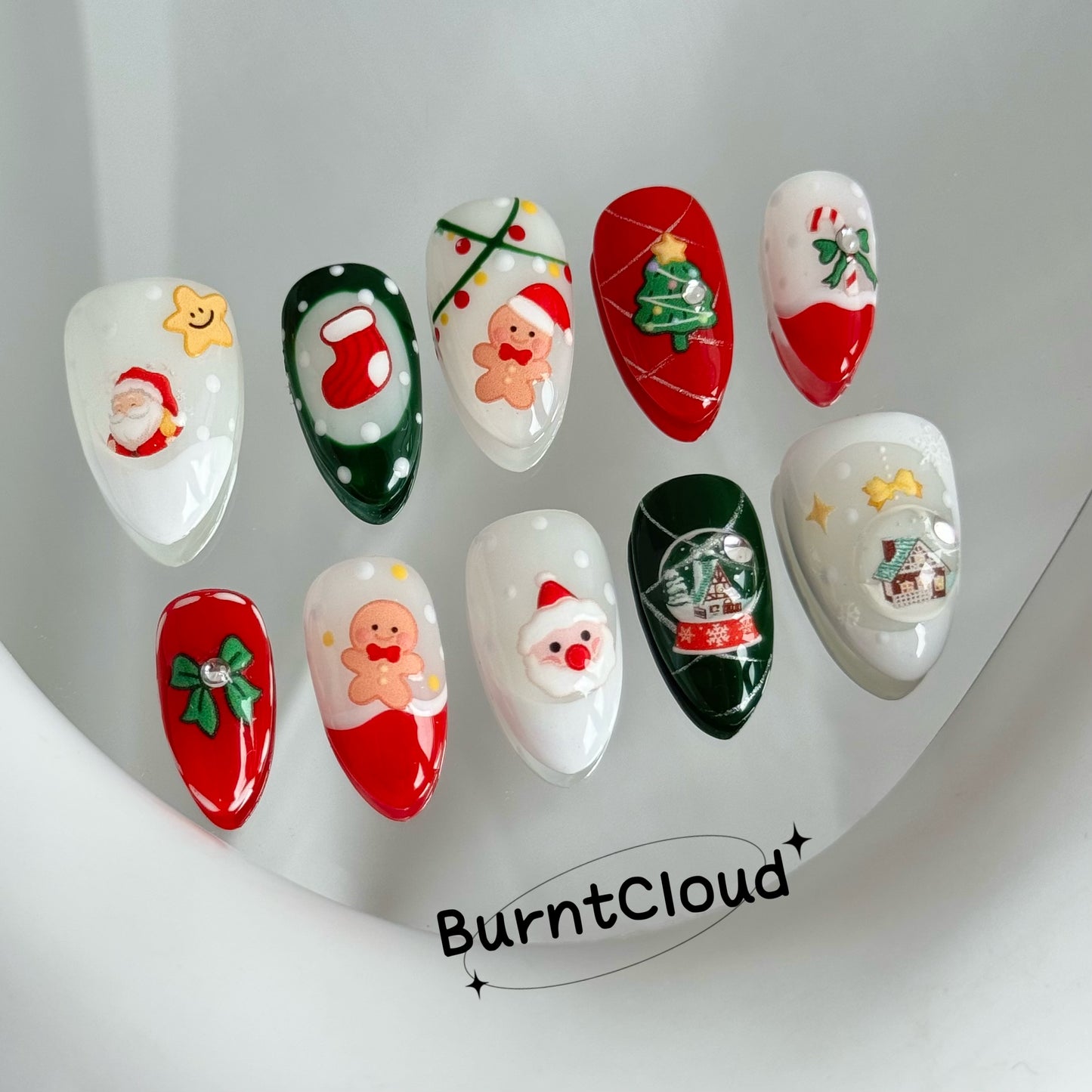 207 "Merry Christmas" Gingerbread Man & Santa Claus Cute Nails Custom Press on Nails