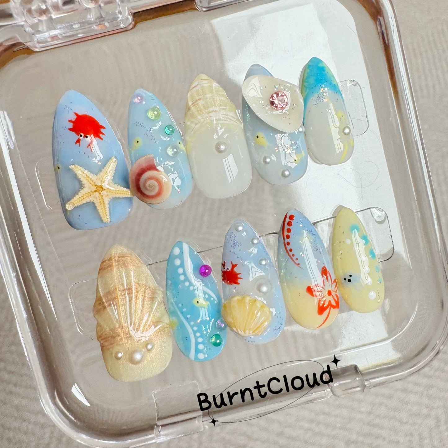 188 "Seaside Bliss" Blue 3D Seashell Starfish Fish Crab Pearls Custom Press on Nails