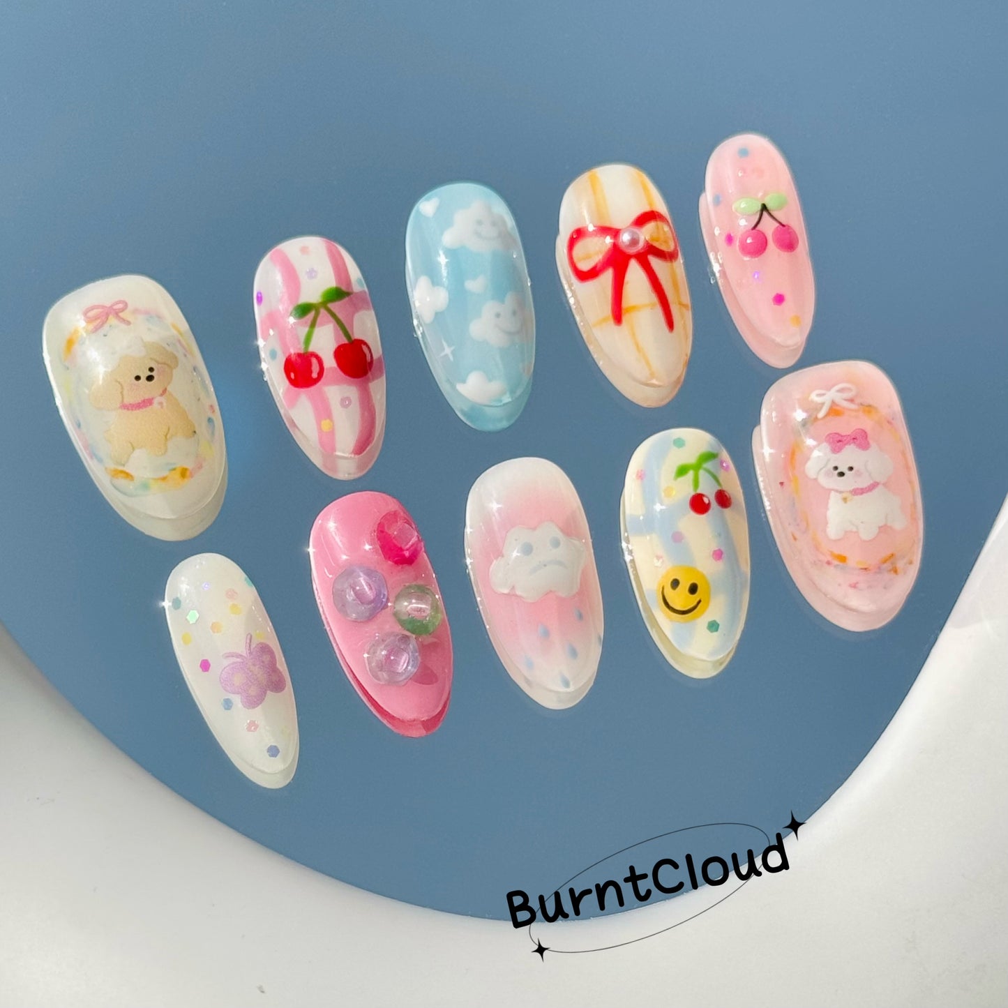 195 "Cherry Dogs" Kawaii Cute Puppy Cherry Clouds Y2K Custom Press on Nail