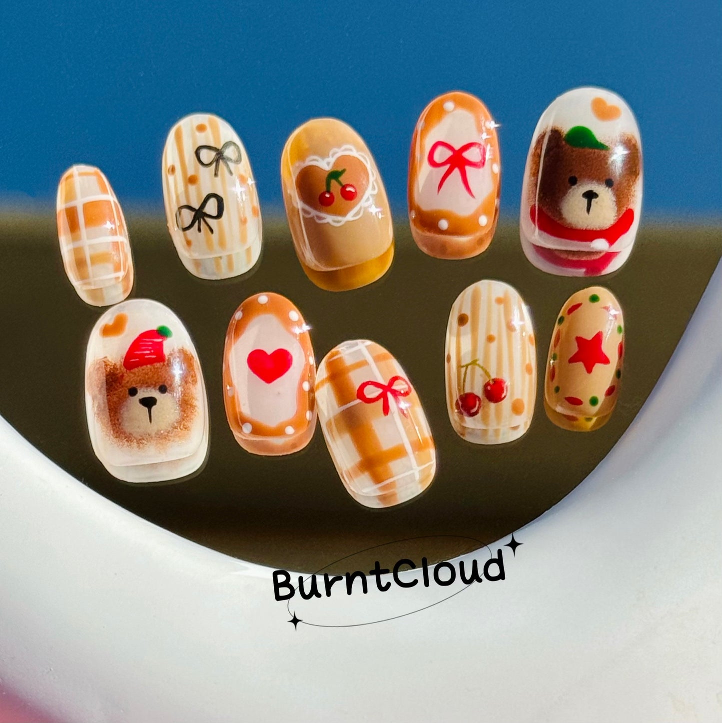 231 "Cuddly Bears" Cute Brown Plaid Custom Press on Nails
