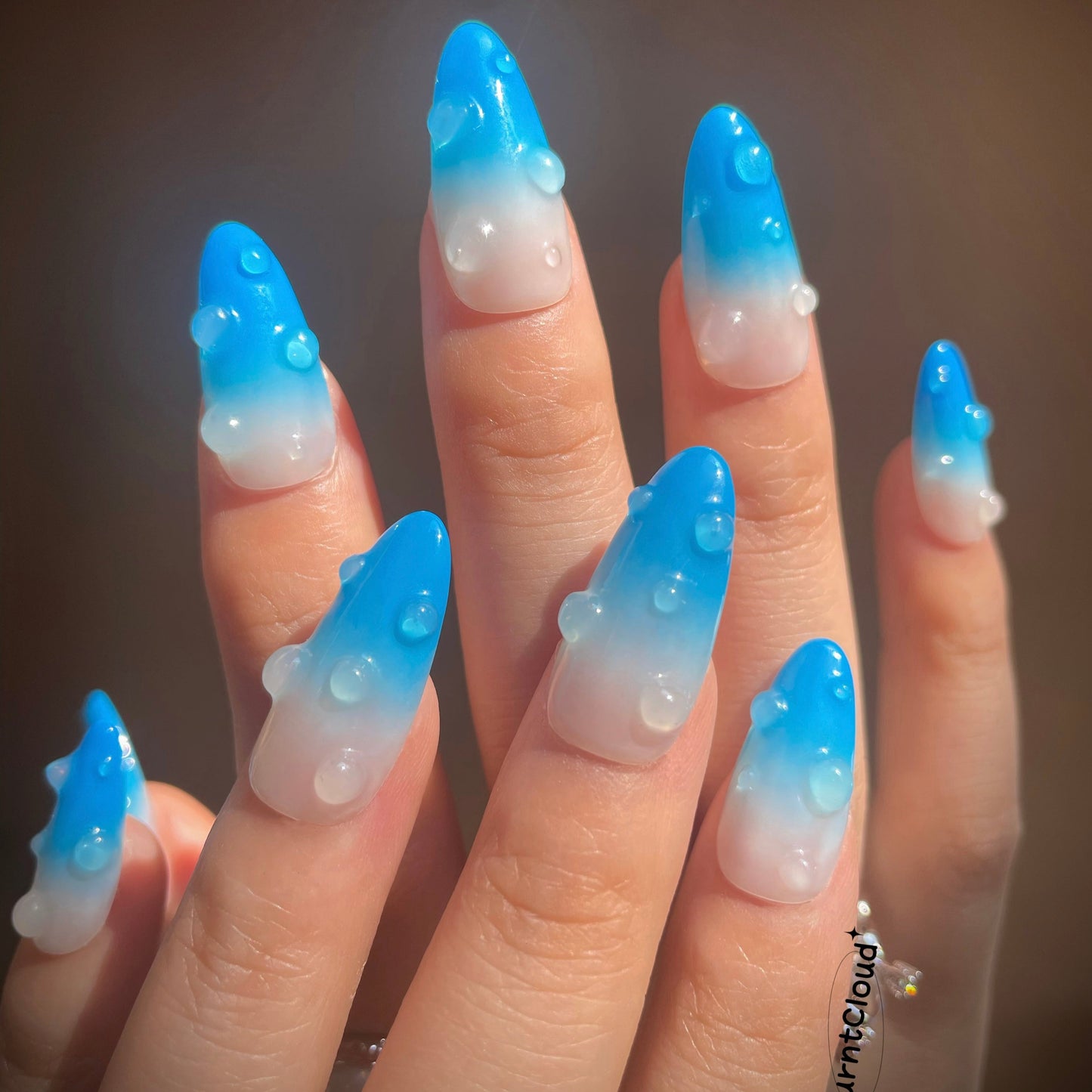 "The Blue Sea" 3D Water Drops Ombre Blue Nails | 69 Custom Handpainted Press on Nails