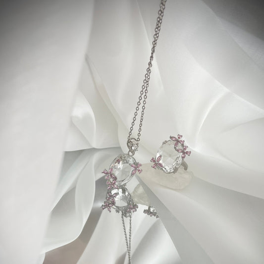 N50 Clear Crstal Pink Floral Pendant/Necklace