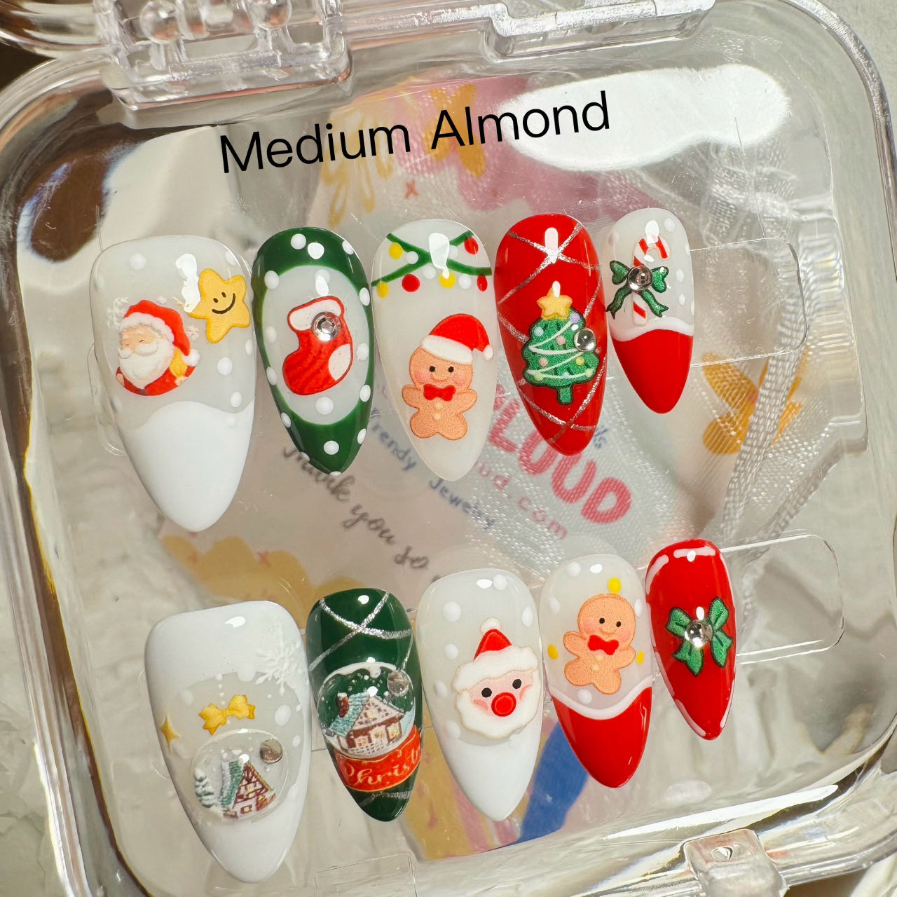 207 "Merry Christmas" Gingerbread Man & Santa Claus Cute Nails Custom Press on Nails