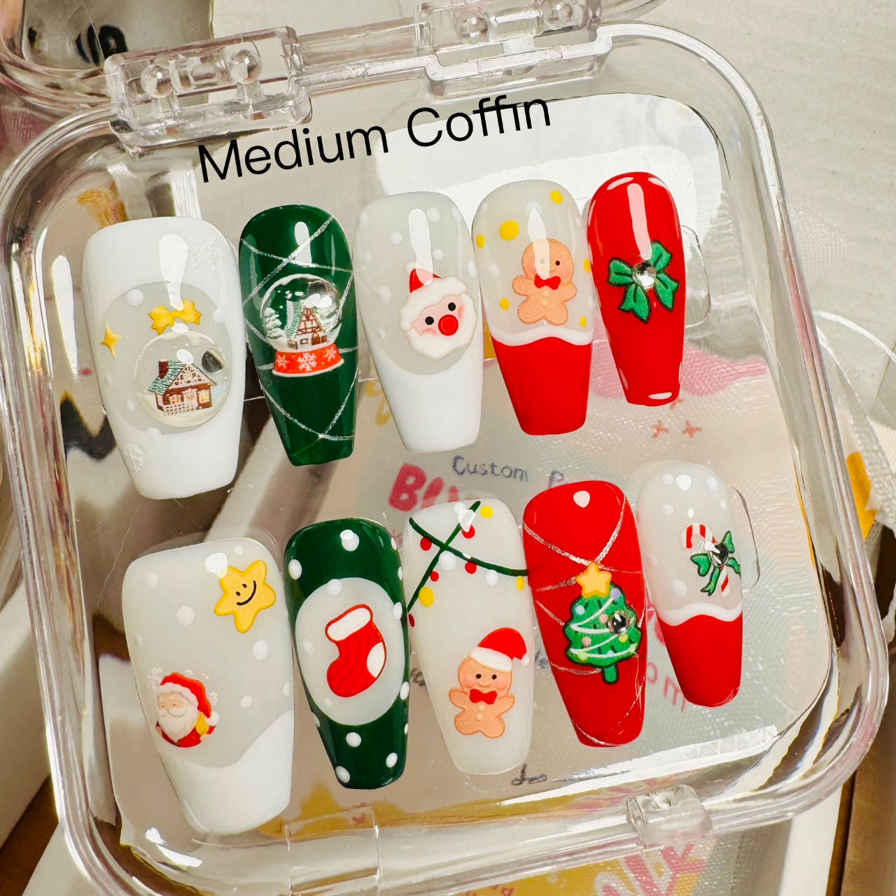207 "Merry Christmas" Gingerbread Man & Santa Claus Cute Nails Custom Press on Nails