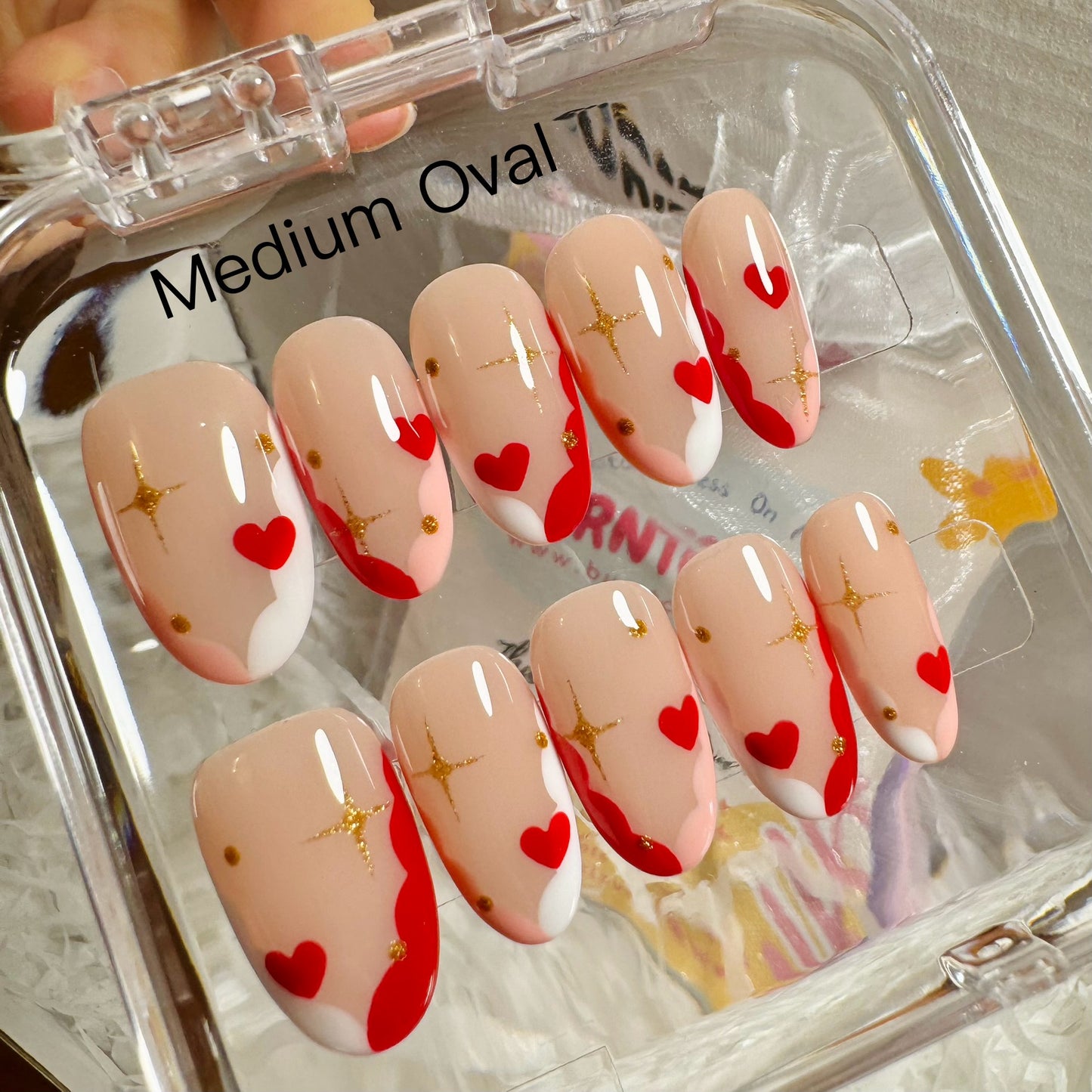 178 Love Story Kawaii Cute Red Hearts Golden Stars Nude Custom Press on Nails