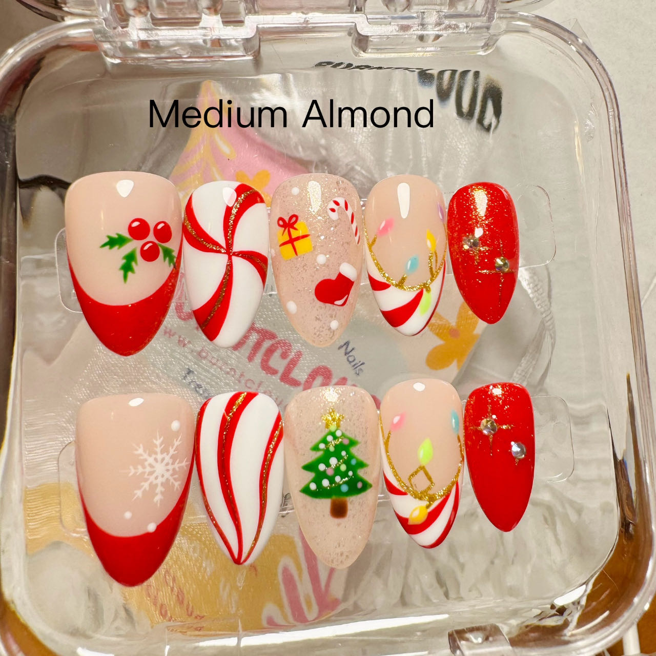 218 "Candy Christmas" Red Swirl French Tips with Gold Glitter Custom Press On Nails