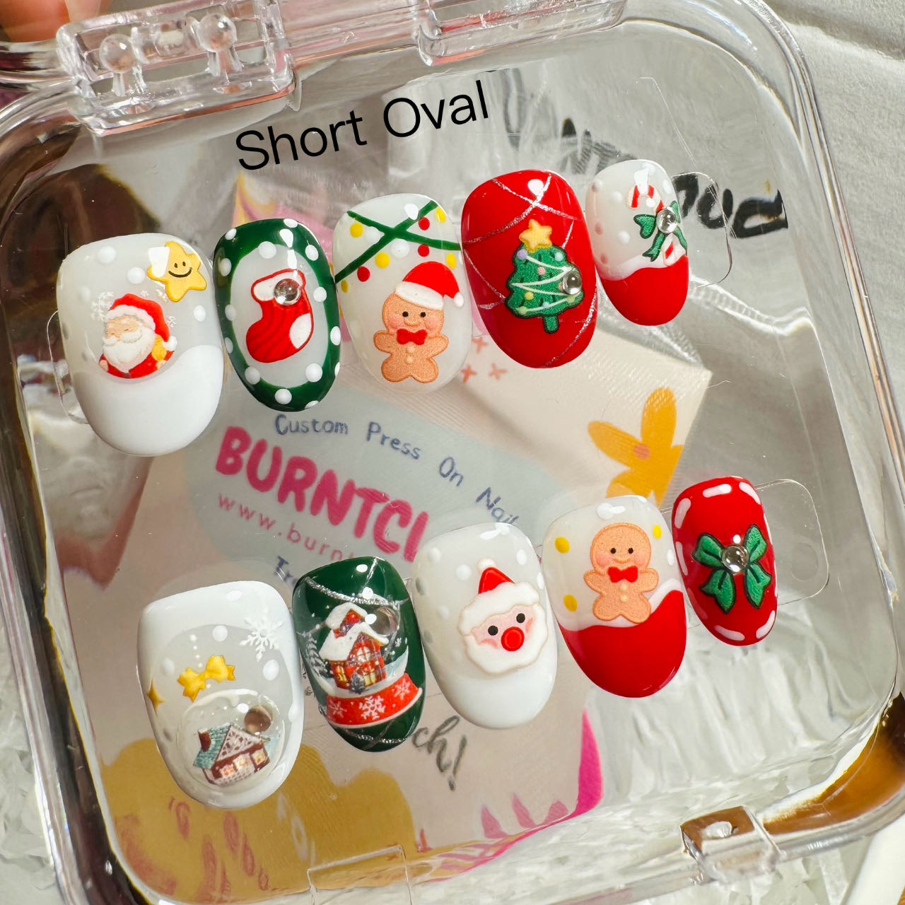 207 "Merry Christmas" Gingerbread Man & Santa Claus Cute Nails Custom Press on Nails