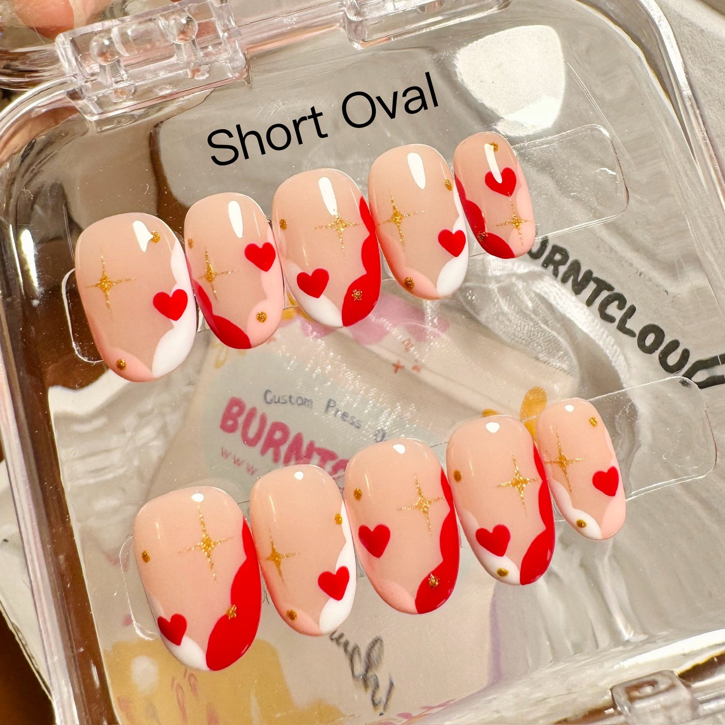 178 Love Story Kawaii Cute Red Hearts Golden Stars Nude Custom Press on Nails