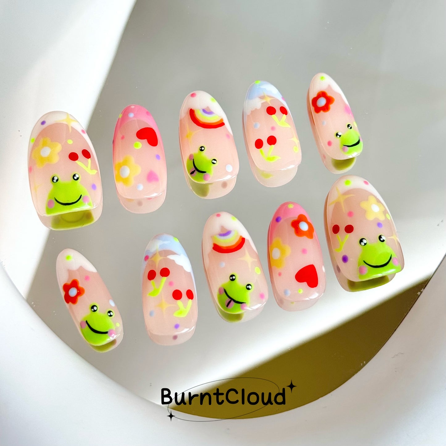 176 "Frog Prince" Cute Frog Cherry Heart Frenchtip Custom Press on Nails