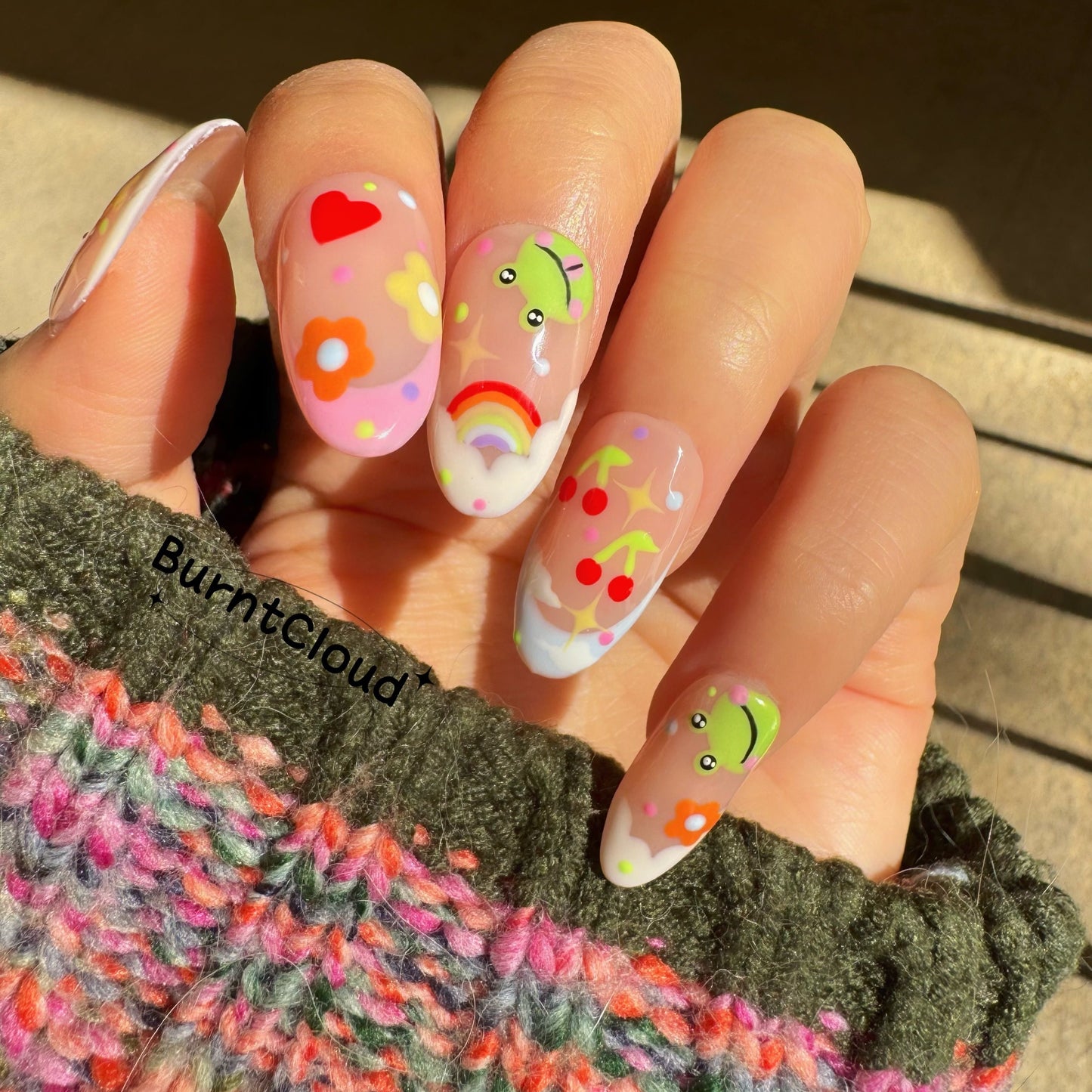 176 "Frog Prince" Cute Frog Cherry Heart Frenchtip Custom Press on Nails