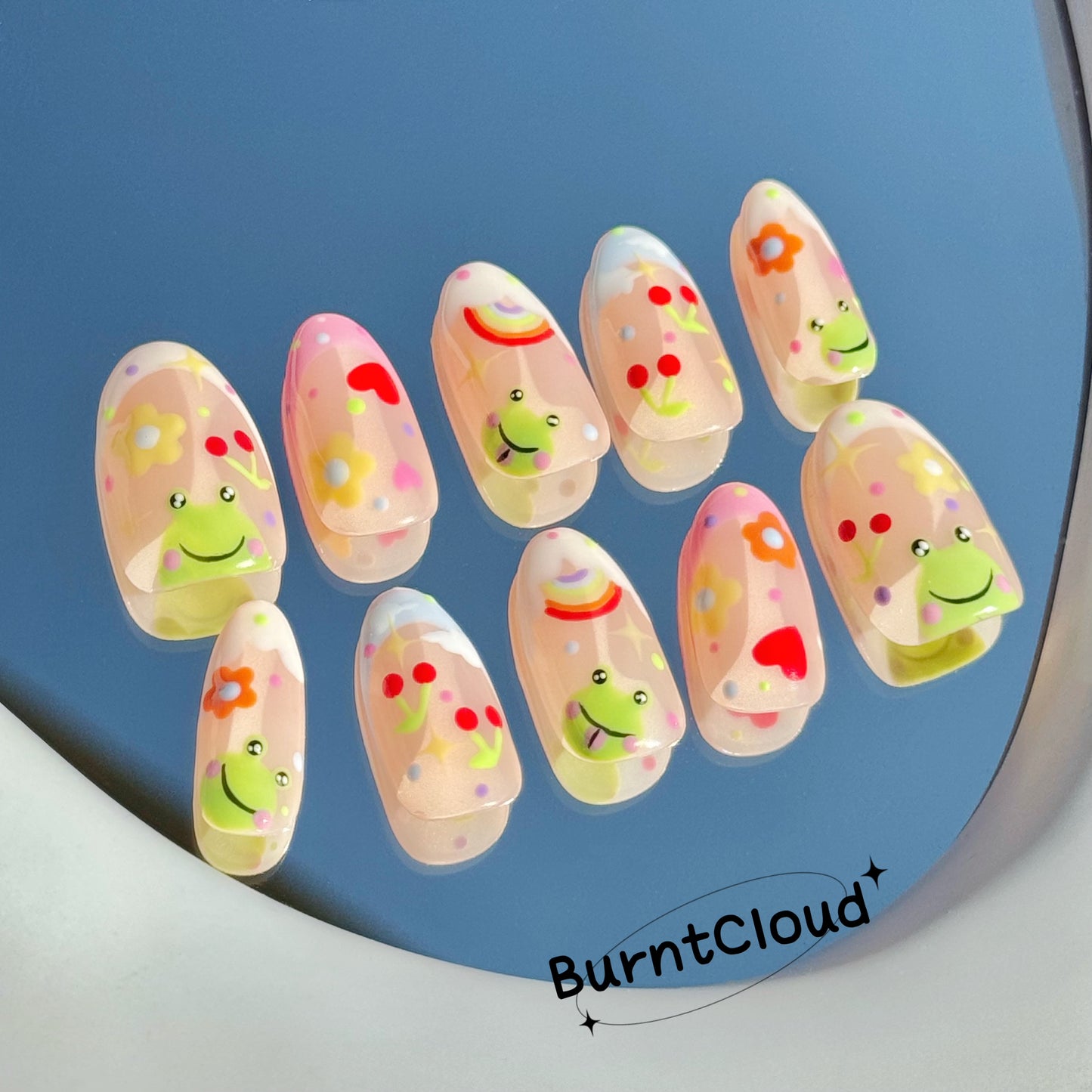 176 "Frog Prince" Cute Frog Cherry Heart Frenchtip Custom Press on Nails