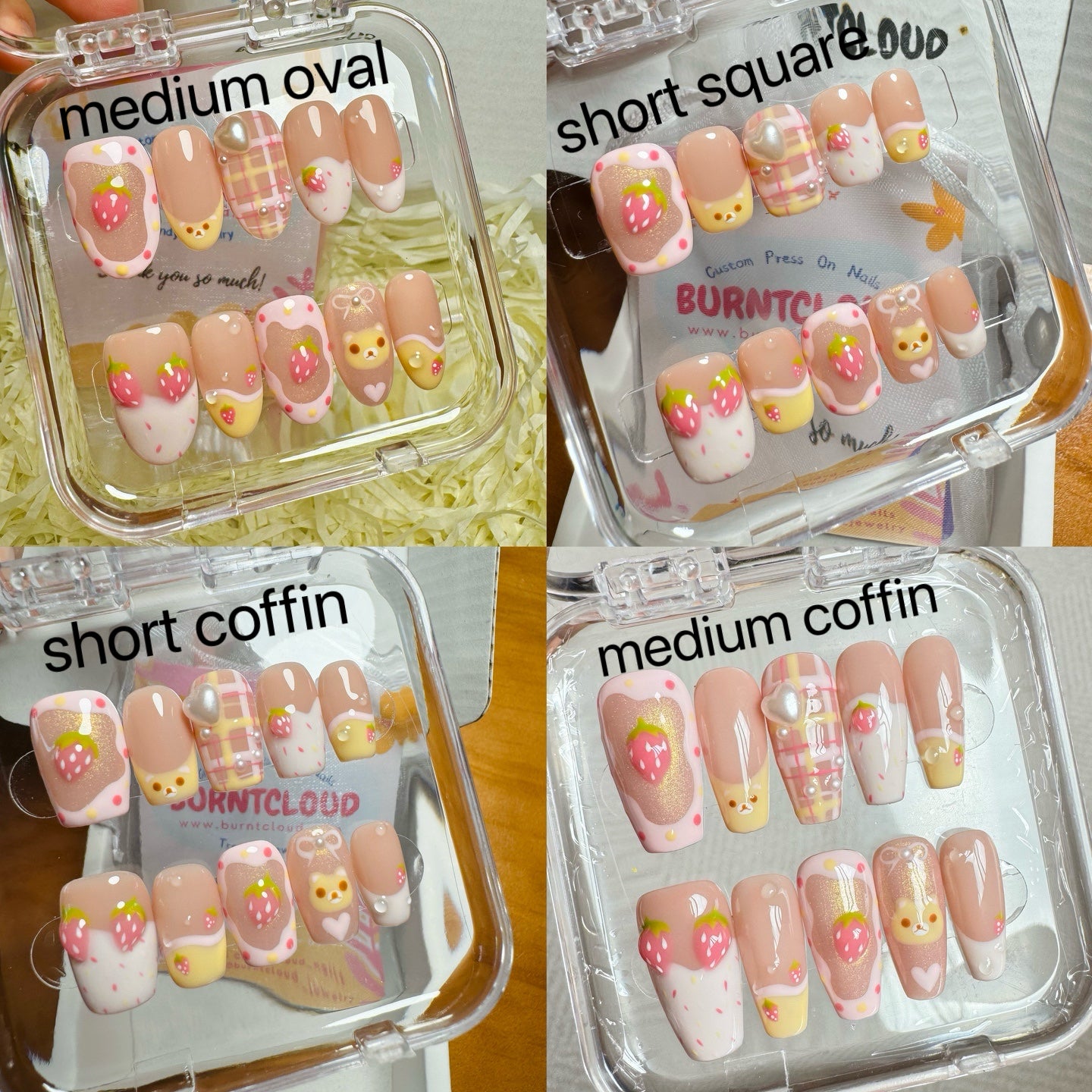 183 "Strawberry Flavor" Cute 3D Strawberry & Bear Pink Cake Custom Press on Nails