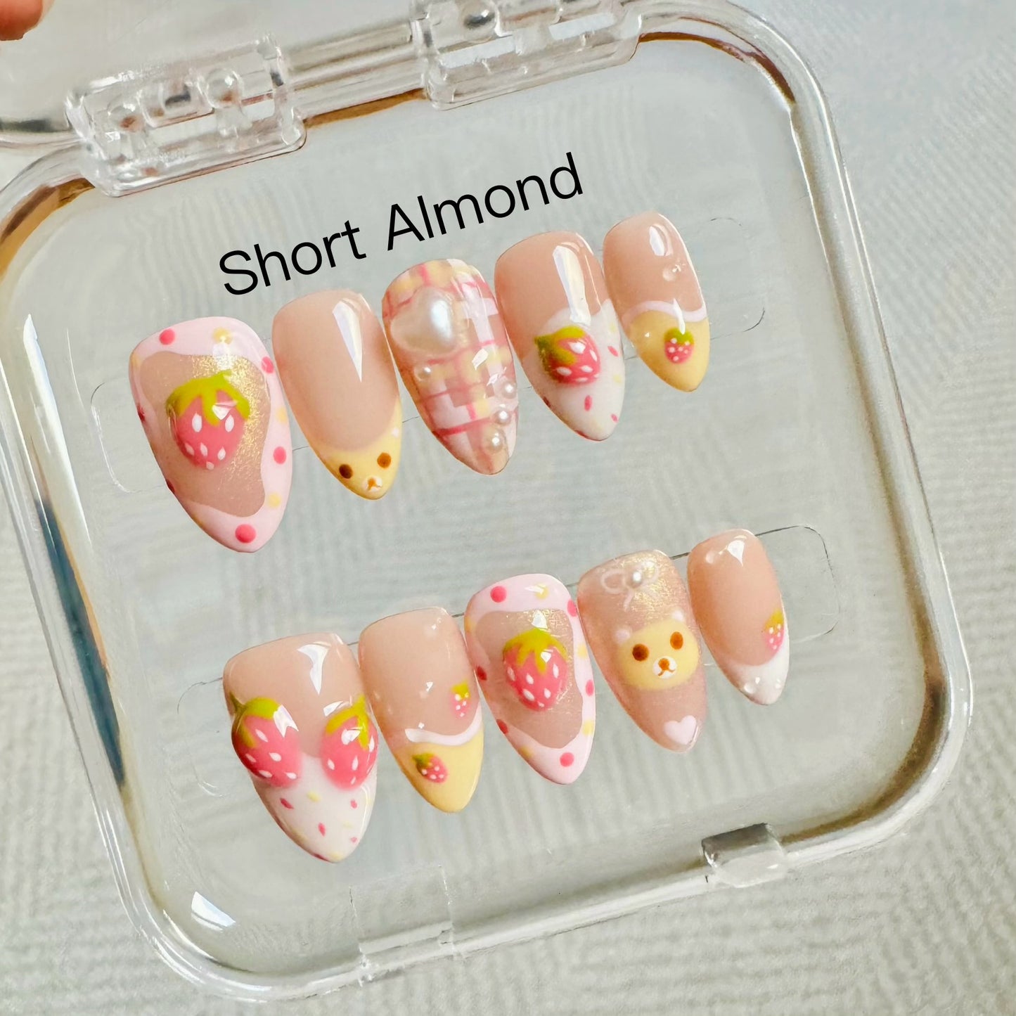 183 "Strawberry Flavor" Cute 3D Strawberry & Bear Pink Cake Custom Press on Nails